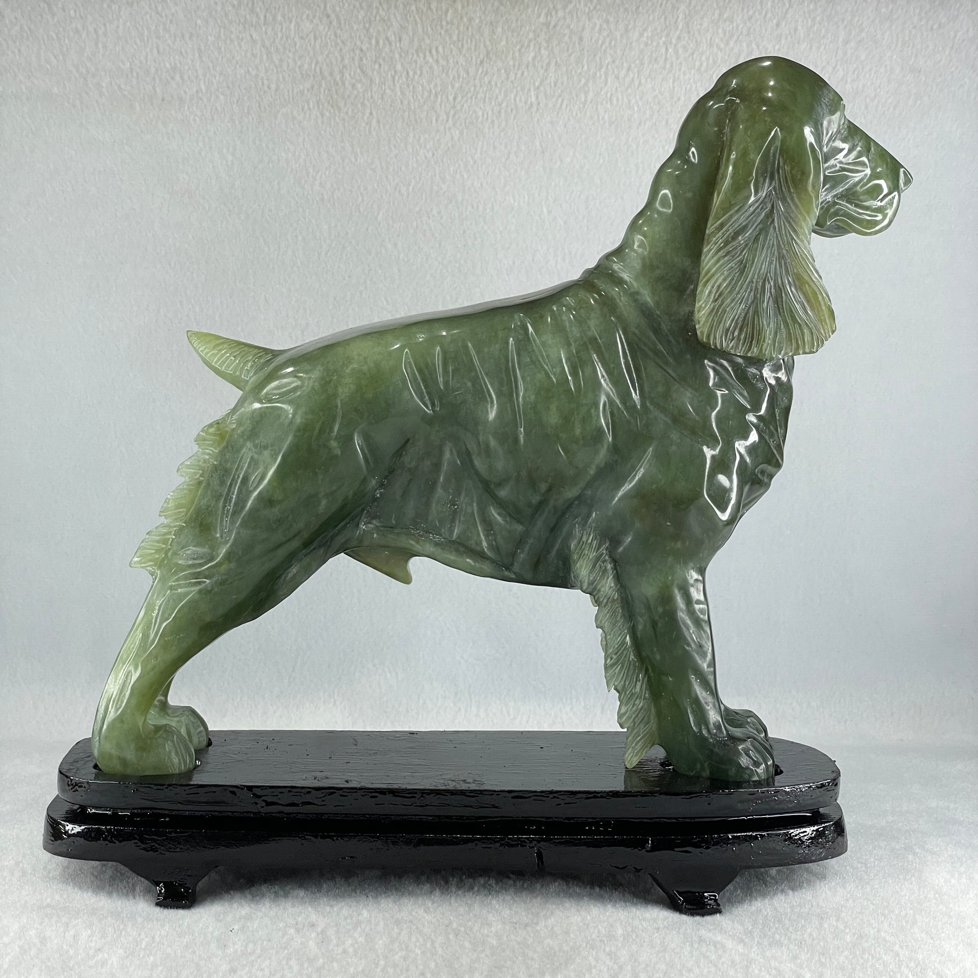 Natural Green with Yellow Serpentine Male Dog with Wooden Stand Feng Shui Display 1,780.3g 220.0 by 82.0 by 220.0mm - Huangs Jadeite and Jewelry Pte Ltd
