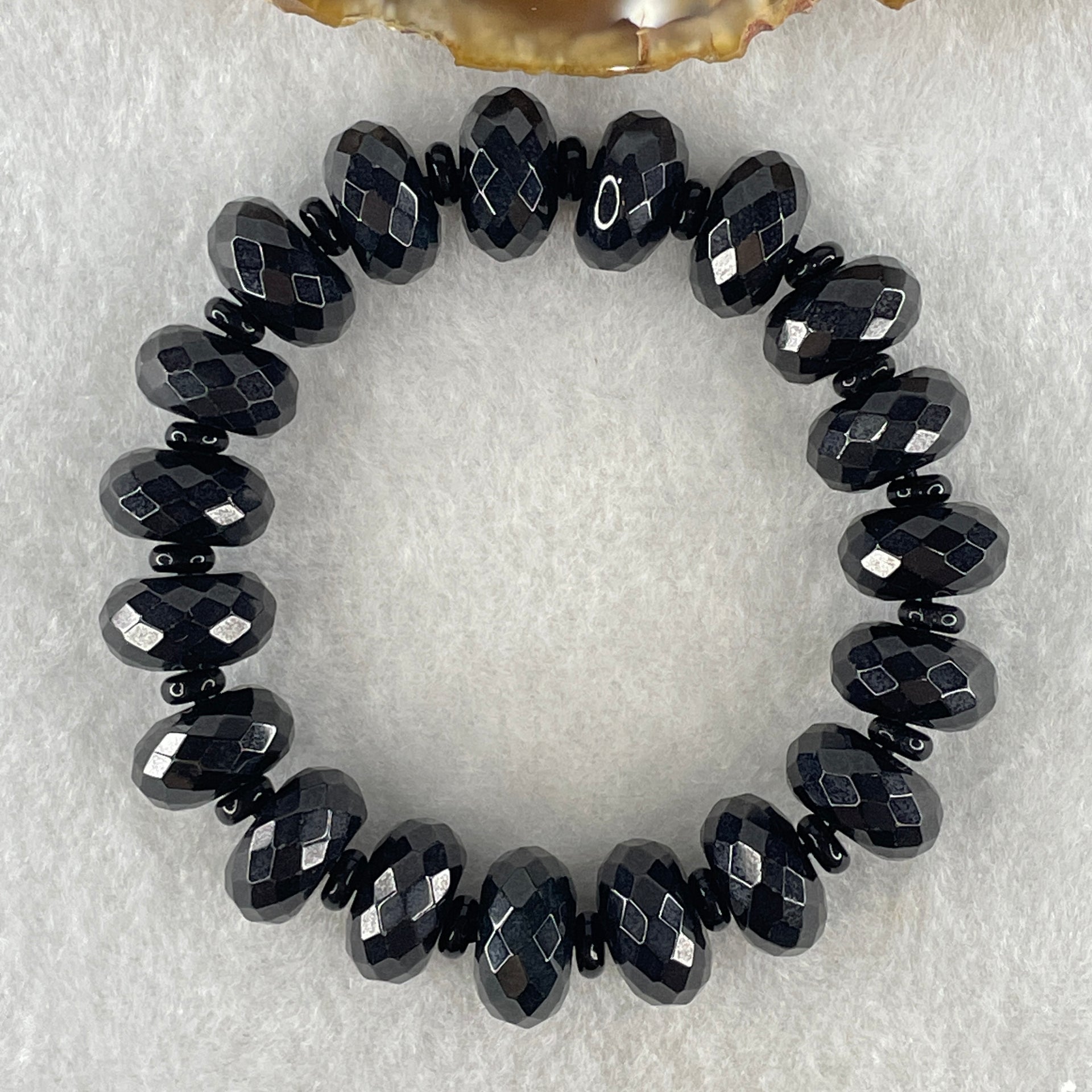 Type A Opaque Black Omphacite Jadeite Faceted Donut Ping An Kou Shape Beads Bracelet 59.39g 15cm 14.3mm 19 Beads - Huangs Jadeite and Jewelry Pte Ltd