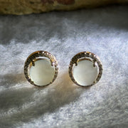 18K 750 Rose Gold Type A Icy Faint Lavender Green Cabochon Jadeite 8.2 by 7.3 by 4.5mm with Natural Diamonds Earrings Pair 3.76g - Huangs Jadeite and Jewelry Pte Ltd