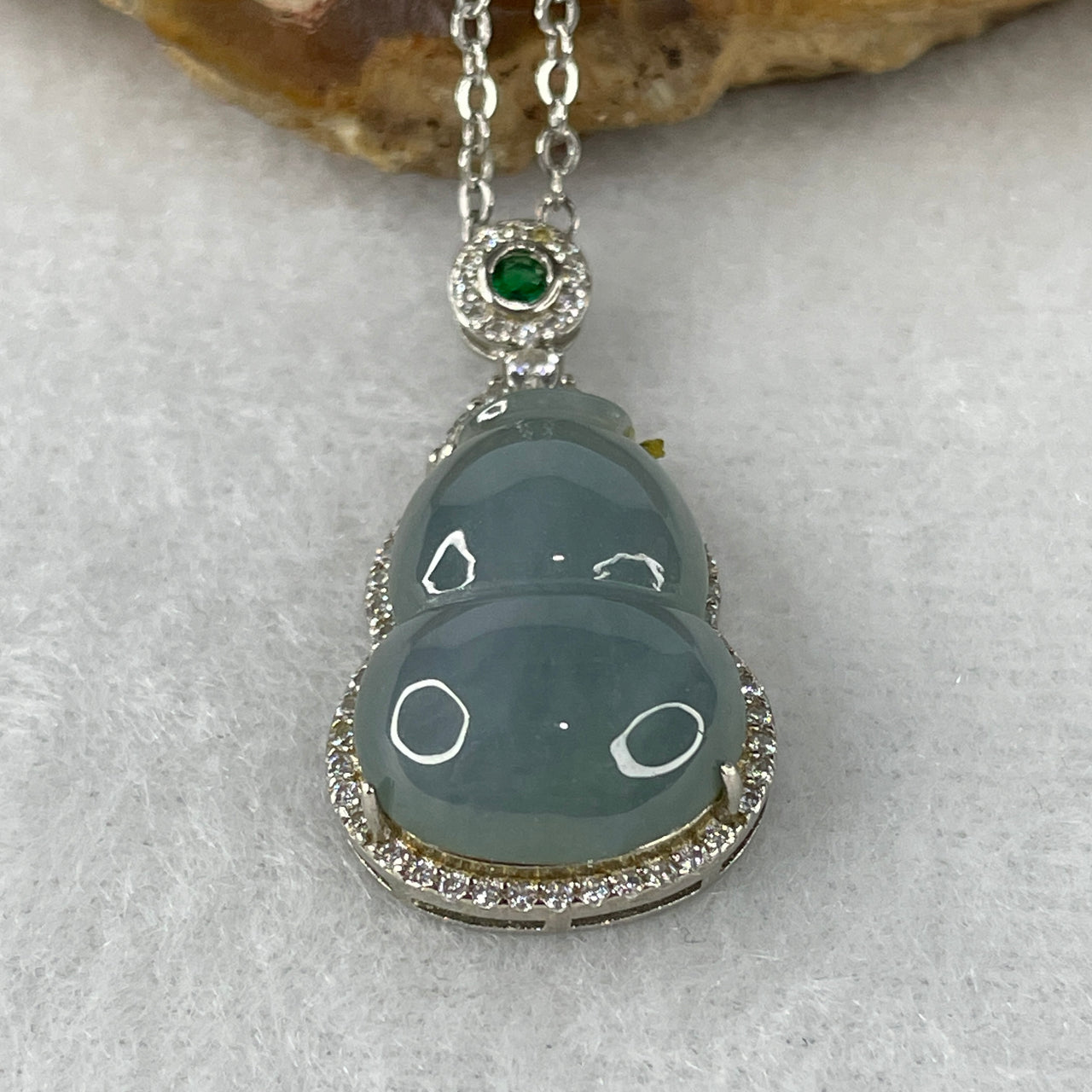 Certified Natural Type A Blue Jadeite Hulu Pendant | Authentic Myanmar Feicui Double-Gourd Amulet | Mineral Variety Luxury Talisman Necklace (6.43g | 46cm Chain Line | 19.7x13.9x6.0mm)