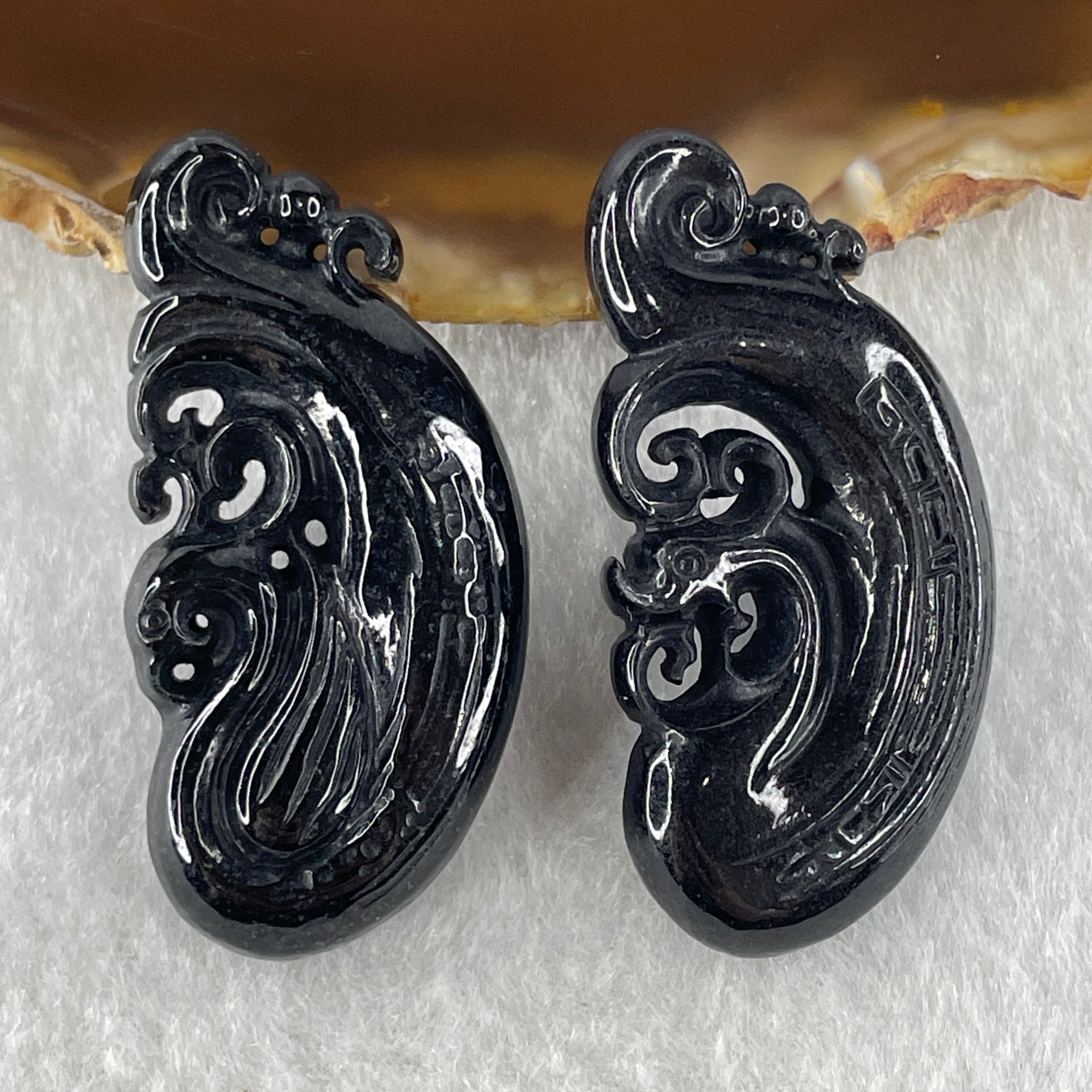 Type A Opaque Black Omphacite Jadeite Dragon 12.51g 42.4 by 20.6 by 8.2mm and Phoenix 13.27g 42.6 by 20.7 by 8.7mm Pair Pendant - Huangs Jadeite and Jewelry Pte Ltd