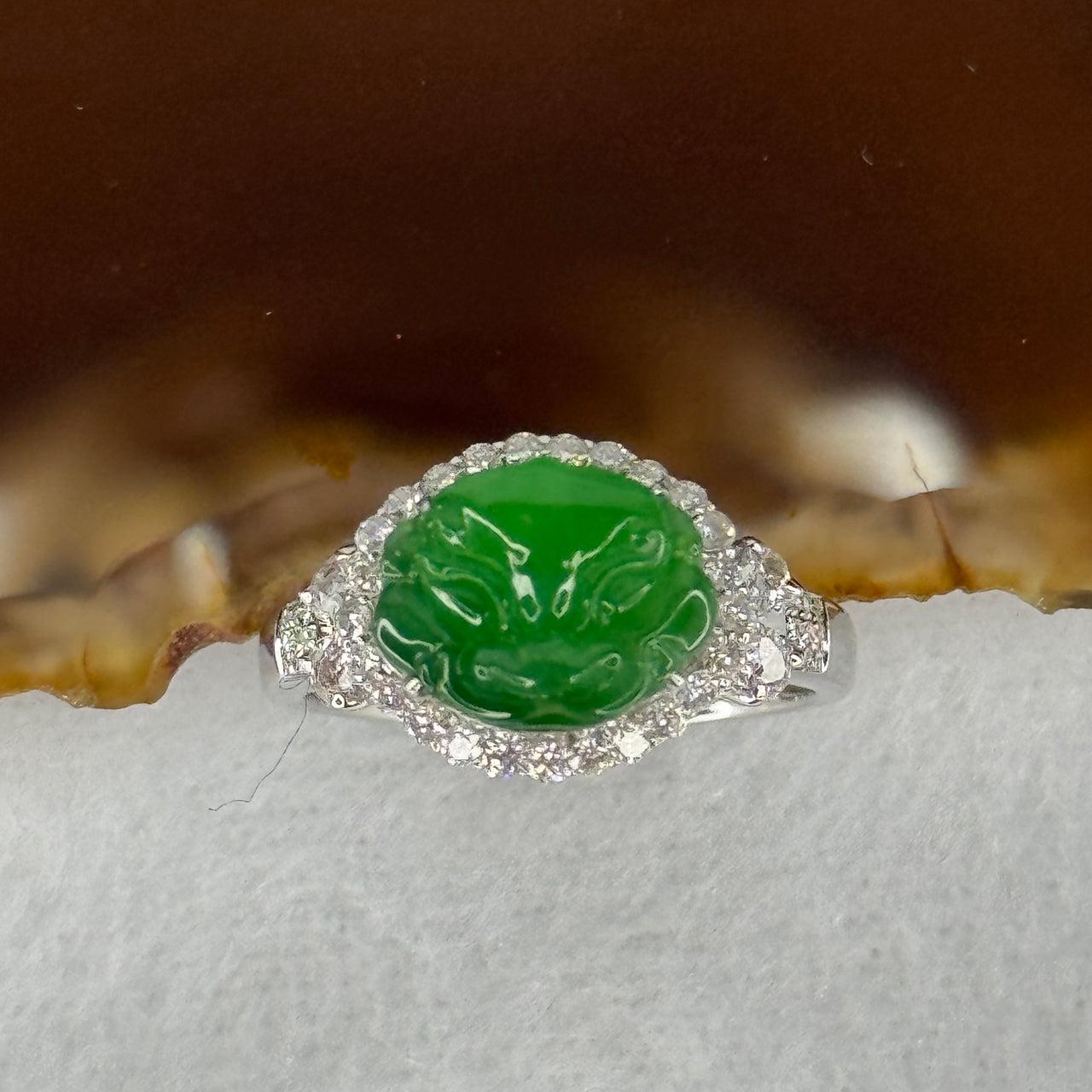 Type A Burmese Jade Jadeite Pixiu Head in 18k white gold with white sapphires and diamonds 4.17g pixiu head 9.0 by 11.0 by 2.0mm inner diameter 17.4mm US7 HK15 with NGI Cert - Huangs Jadeite and Jewelry Pte Ltd