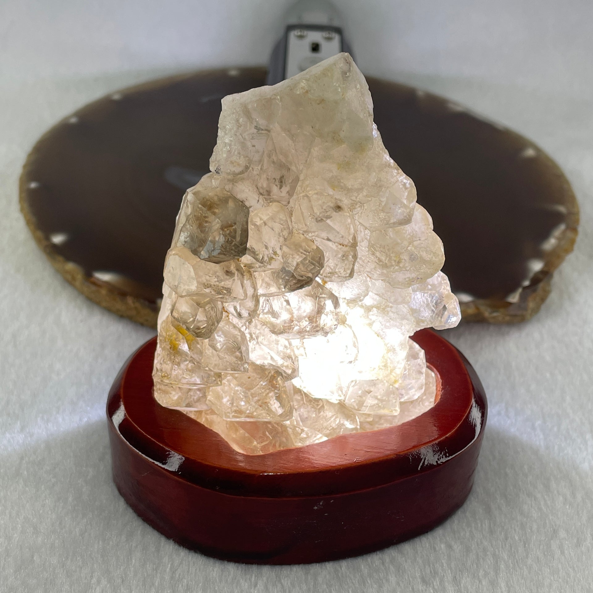 Natural Smoky Quartz Rough Rectangular Shape Display in Wooden Stand 164.95g 76.3 by 55.5 by 86.7mm - Huangs Jadeite and Jewelry Pte Ltd