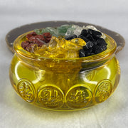 Yellow Liuli Wealth Pot with Five Element Crystal Fragment (Clear Quartz, Black Obsidian, Red Jasper, Citrine, Serpentine) Display Total Weight 702.75g 99.1 by 50.8mm - Huangs Jadeite and Jewelry Pte Ltd