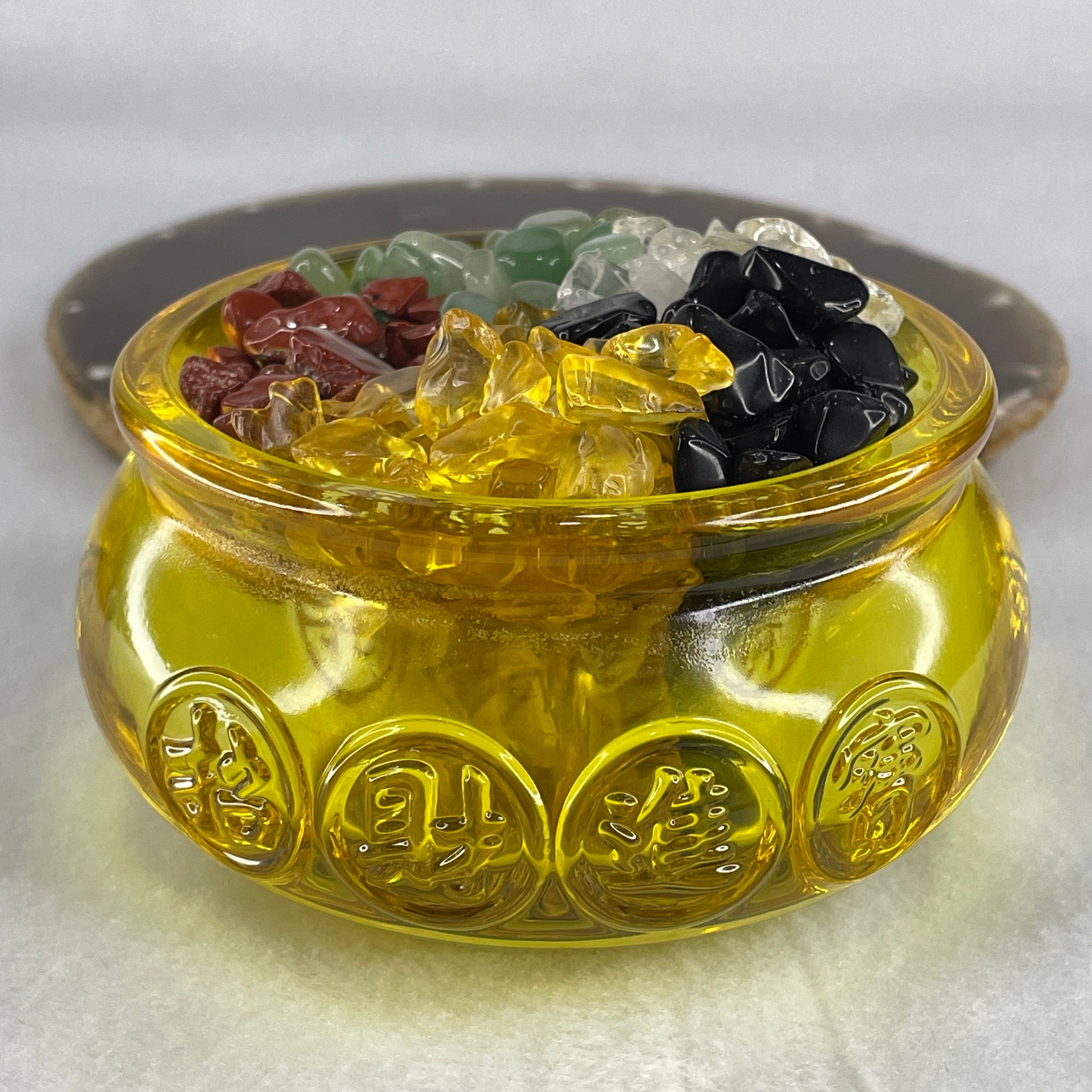 Yellow Liuli Wealth Pot with Five Element Crystal Fragment (Clear Quartz, Black Obsidian, Red Jasper, Citrine, Serpentine) Display Total Weight 702.75g 99.1 by 50.8mm - Huangs Jadeite and Jewelry Pte Ltd