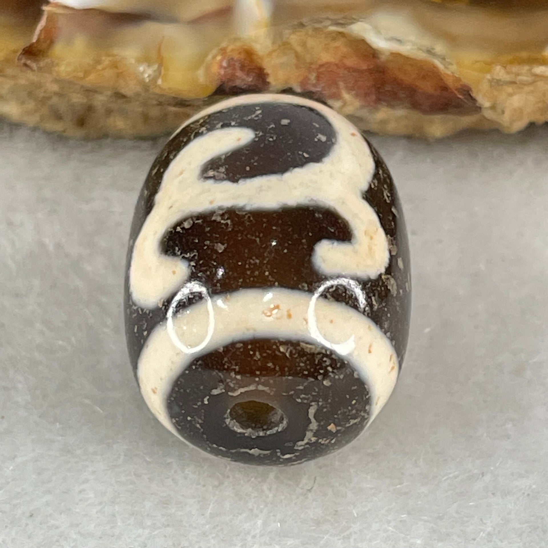 Natural Powerful Tibetan Old Oily Black White Agate Green Tara Dzi Bead Heavenly Master (Tian Zhu) 绿度母天珠 4.78g 17.4 by 13.4mm - Huangs Jadeite and Jewelry Pte Ltd