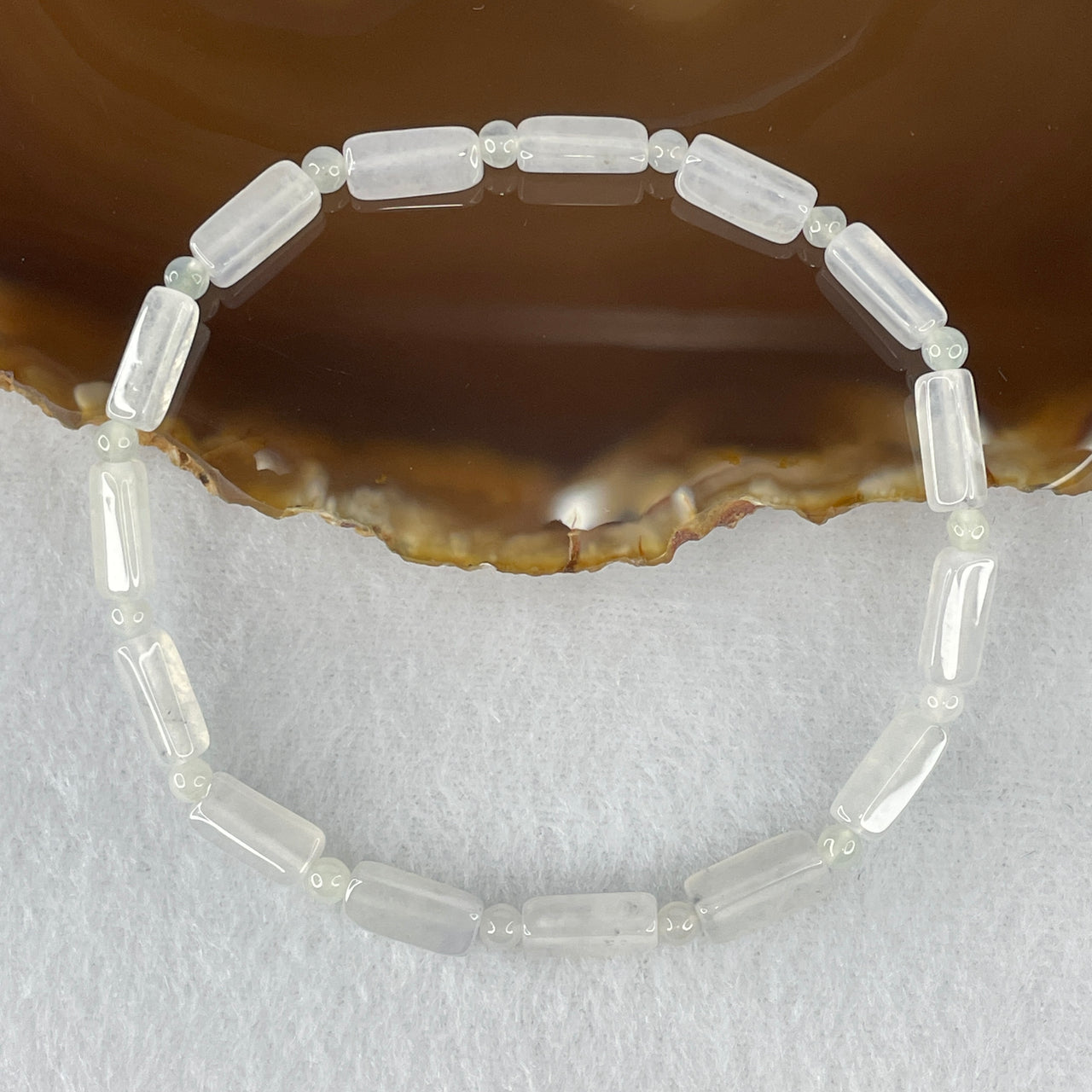 Natural Type A Semi-Icy White Jadeite Bracelet | 19.5cm Long-Line 4.6mm Geometric Elongated & Round Genuine Ice-White Jade Bead Strand (10.30g, 15 Pcs)