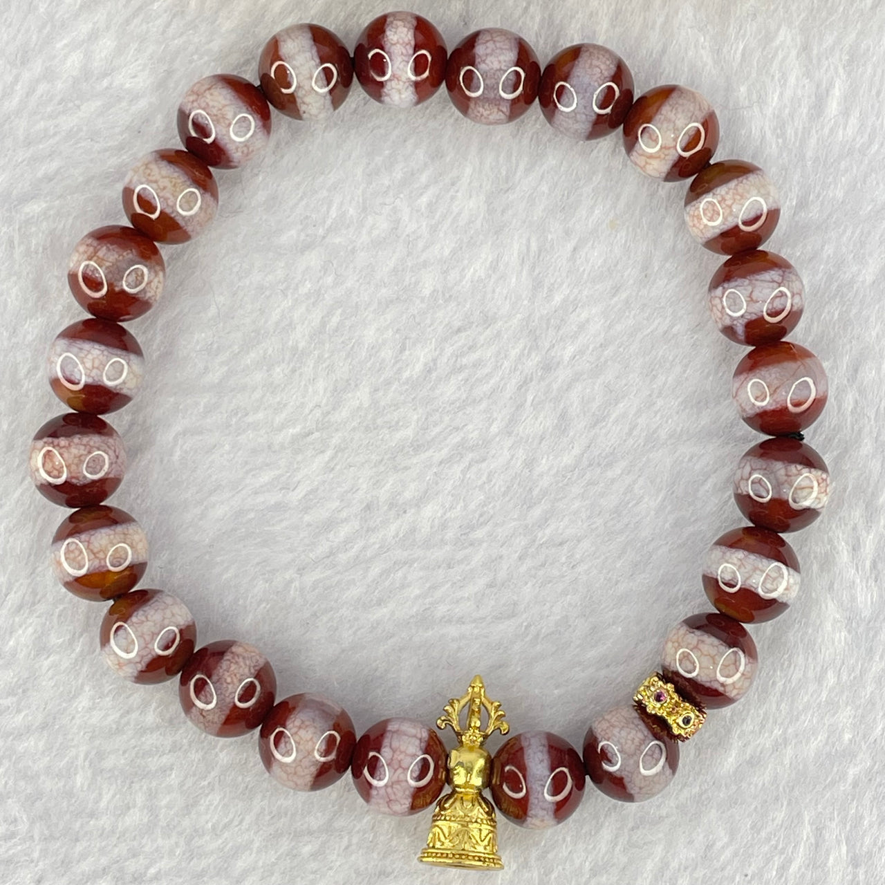 Natural Powerful Tibetan Old Oily Red White One Line Agate Dzi Bead Heavenly Master with Tibetan Bell Charm Bracelet (Tian Zhu) 天诛 19.36g 16.5cm 8.4mm 23 Beads - Huangs Jadeite and Jewelry Pte Ltd
