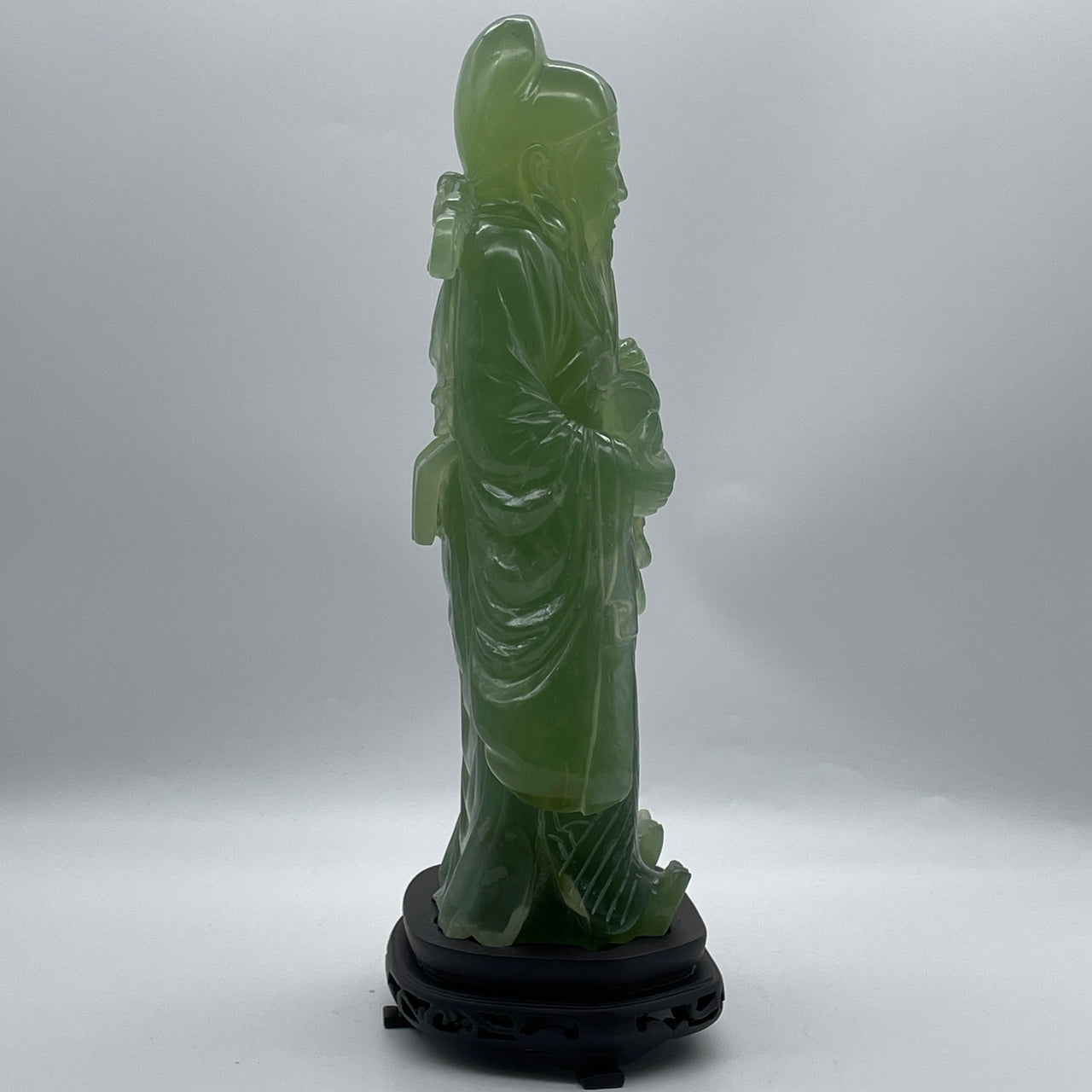 Natural Icy Green Serpentine Cai Shen Ye God of Fortune with Ruyi on Wooden Stand Display 3,597.9g 165.0 by 105.0 by 330.0mm