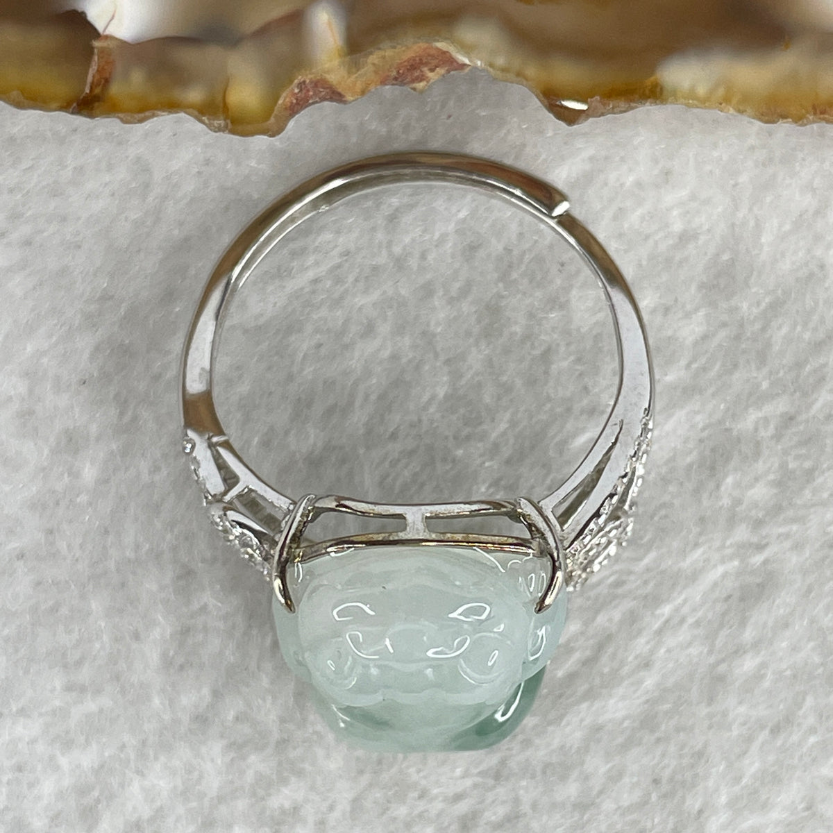 Type A White Jadeite Ring | Ethereal Floating Blueish-Green Flora (Piao Hua) | Master Hand-Carved Prosperity Pixiu | Solid S925 Sterling Silver Setting | Smart Adjustable Sizing (4.77g 18.5x12.7x6.5mm) - Huangs Jadeite and Jewelry Pte Ltd