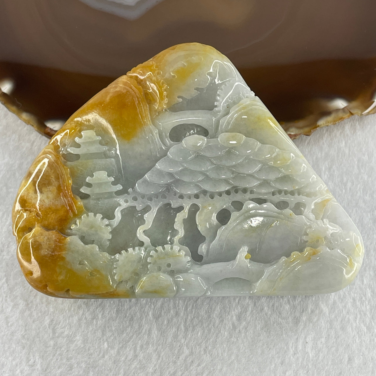 Natural Type A Light Green with Faint Lavender with Yellow Jadeite Shan Shui Scenic with Gui Ren Benefactor Display 355.47g 71.4 by 95.6 by 25.9mm