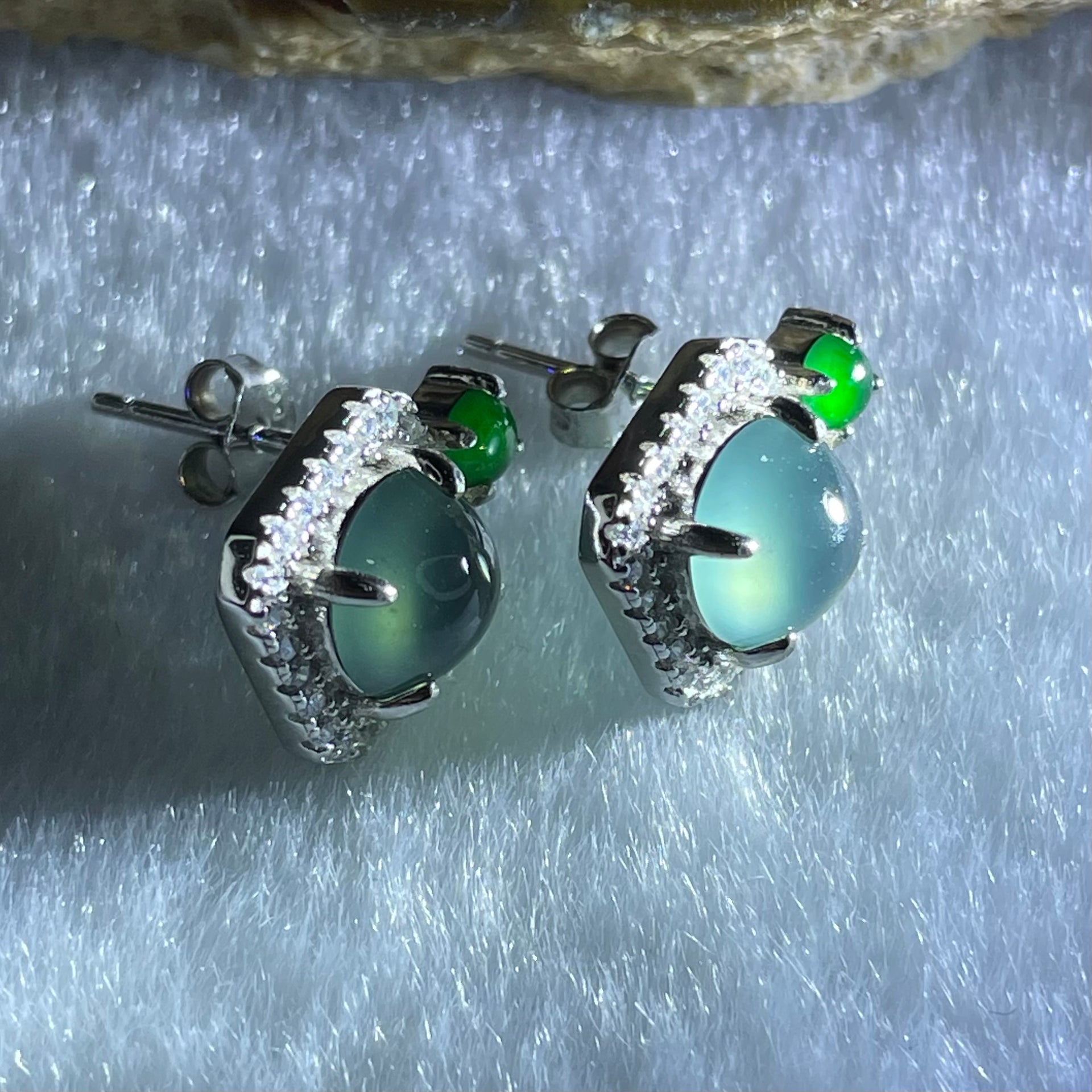 Type A Icy Blueish Green Jadeite Cabochons With Crystals in S925 Sliver Earrings 2.54g 6.6 by 4.0mm - Huangs Jadeite and Jewelry Pte Ltd