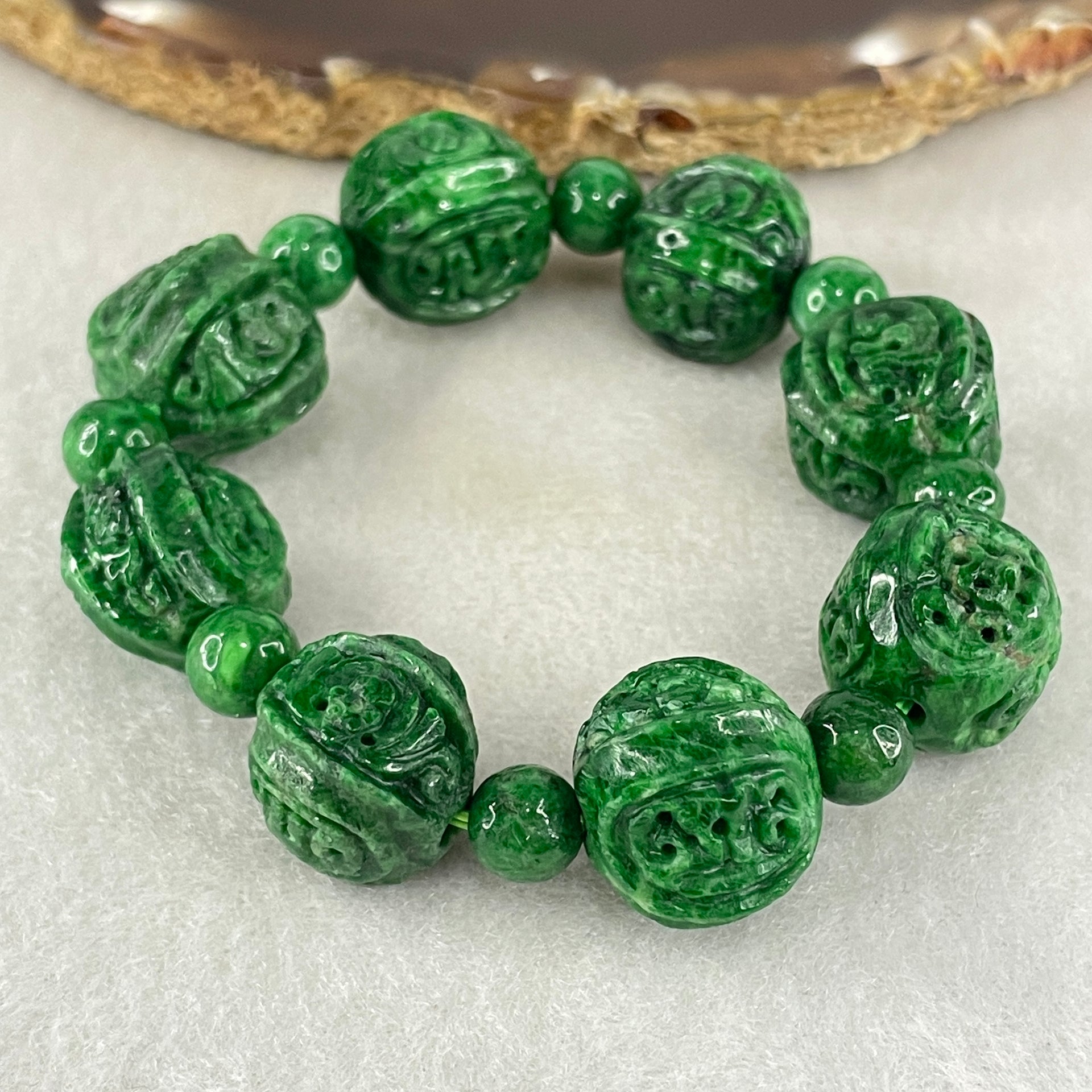 Antique Natural Type A Old mine Spicy Green Jadeite Dragon and Bat Bracelet 46.77g 14.8 by 13.9 by 15.6mm 12cm - Huangs Jadeite and Jewelry Pte Ltd