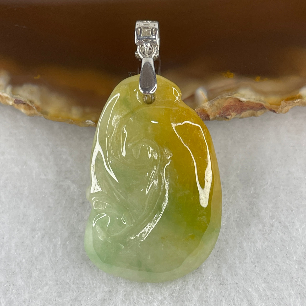 Natural Type A Green with Yellowish Piao Hua Jadeite Ruyi Pendant | S925 Sterling Silver Clasp | 100% Untreated Hand-Carved As You Desire Talisman | Solid Fei Cui Pendant (6.74g | 30.8 × 20.1 × 5.4mm)