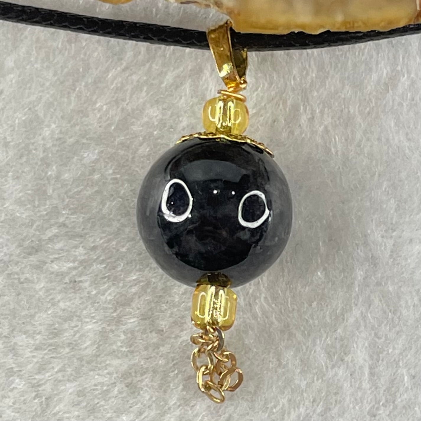 Type A Opaque Wuji Black Jadeite Bead Pendant with Black String Necklace 5.74g 13.3mm - Huangs Jadeite and Jewelry Pte Ltd