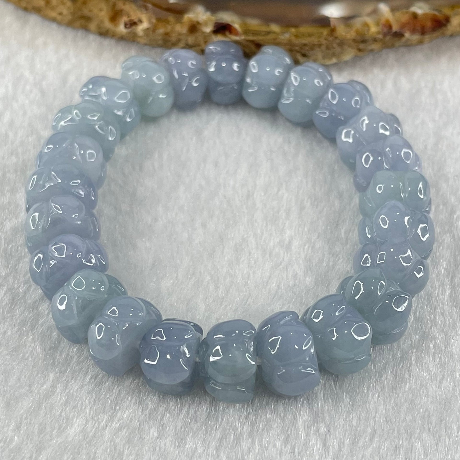 High Grade Type A Full Intense Blueish Lavender Jadeite Lotus Flower Beads Bracelet 33.91g 14cm 10.7mm 24pcs - Huangs Jadeite and Jewelry Pte Ltd