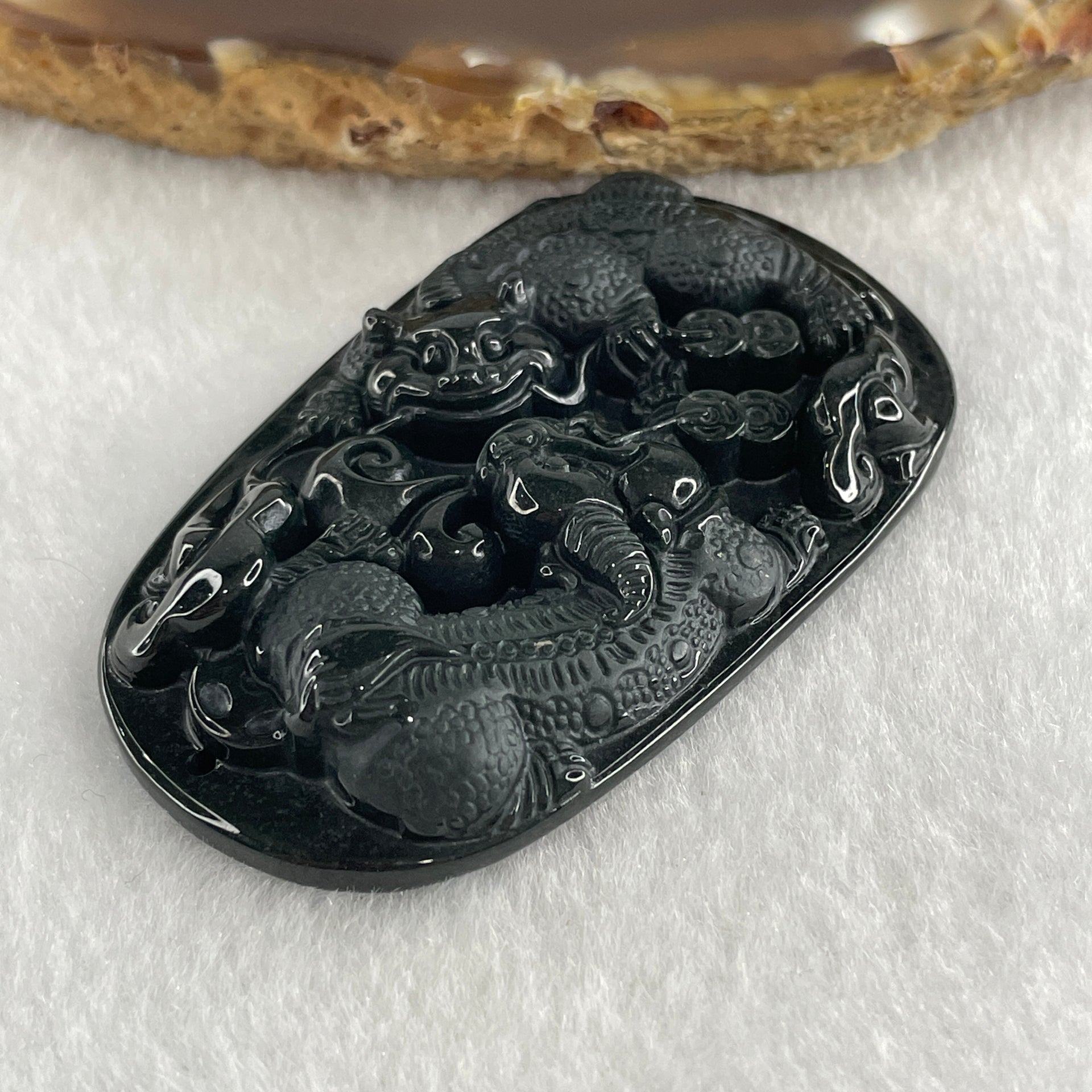 Type A Opaque to Partial Translucent Black Omphacite Jadeite Pixiu Pair with Coins Pendant 25.77g 57.1 by 35.4 by 9.2mm - Huangs Jadeite and Jewelry Pte Ltd