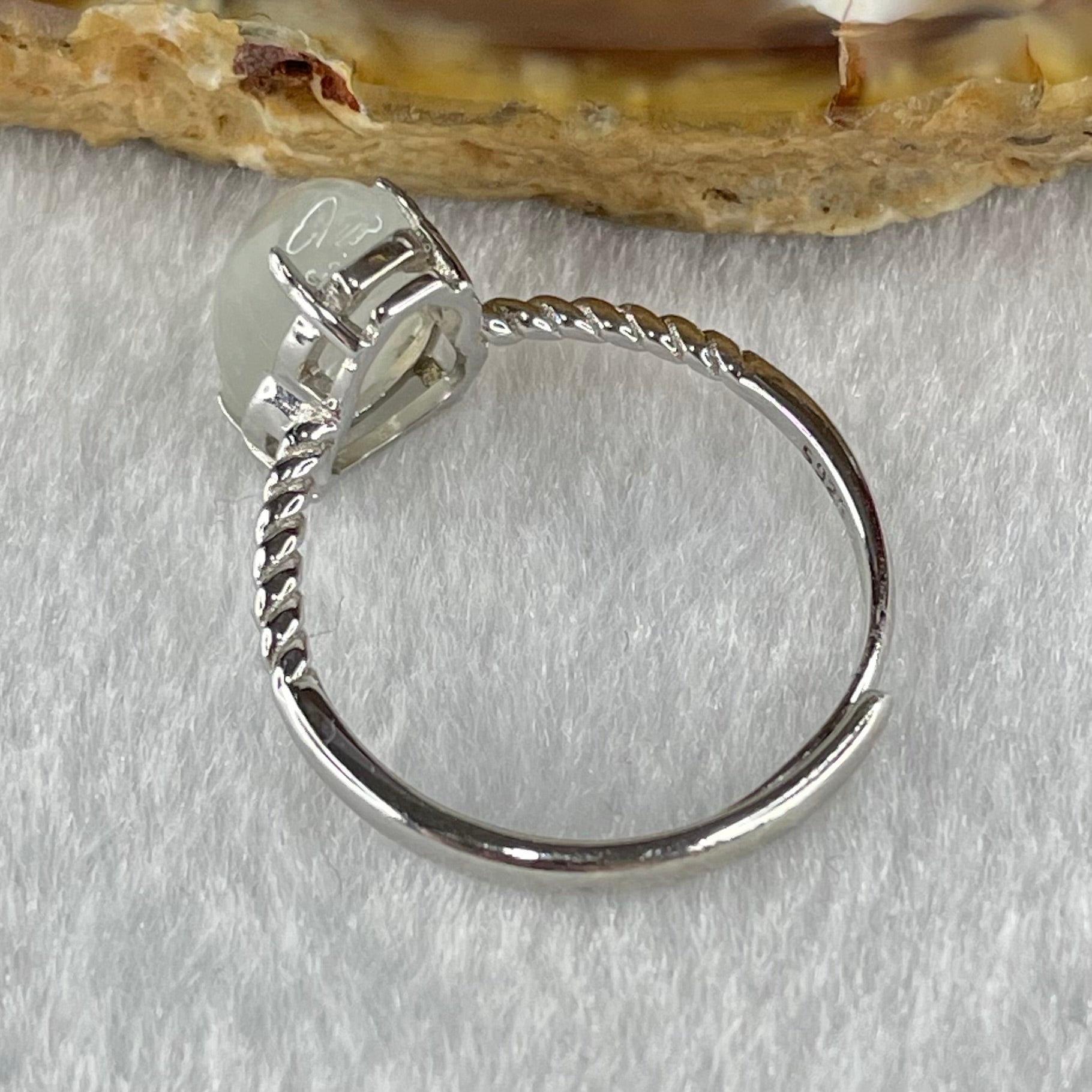 Type A Semi Icy Faint Lavender Tear Drop Shape Cabochon Jadeite in S925 Sliver Ring (Adjustable Size) 2.21g 12.4 by 7.4 by 5.0mm - Huangs Jadeite and Jewelry Pte Ltd