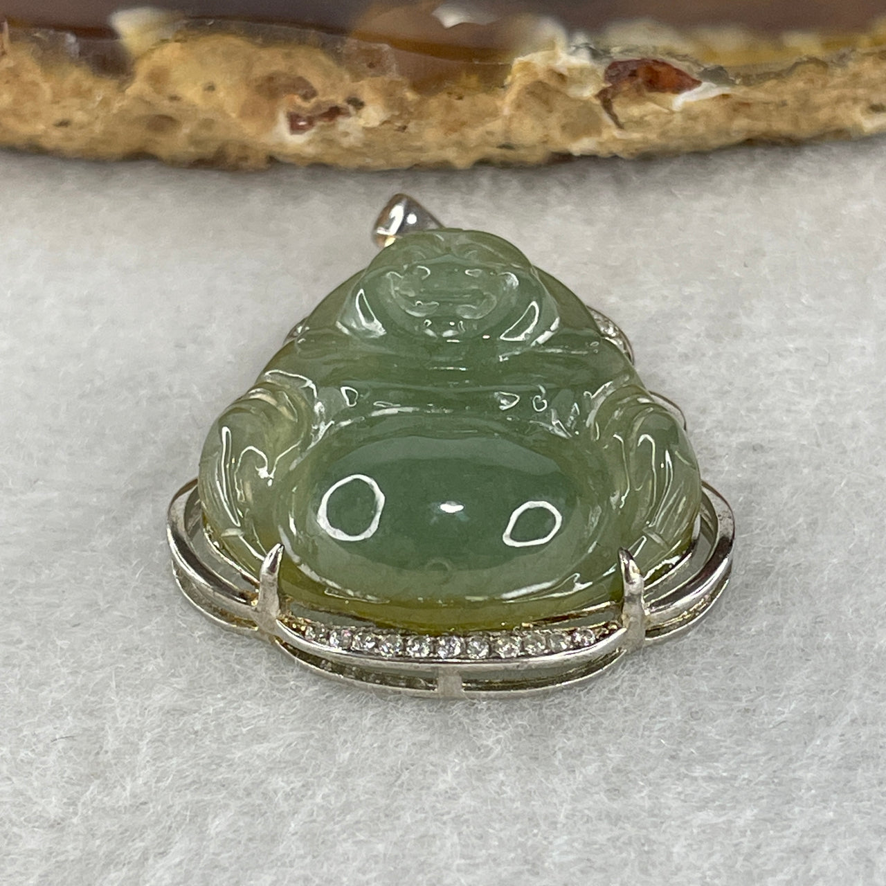 Natural Type A Icy Light Blueish Green Jadeite Milo Buddha Pendant | S925 Sterling Silver Laughing Buddha Necklace Charm (6.51g)