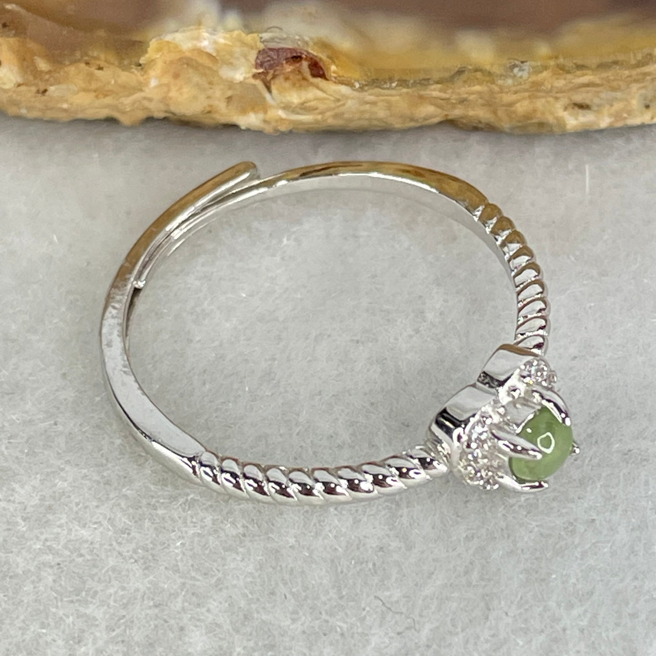 Type A Icy Green Cabochon Jadeite in S925 Sliver Heart Ring (Adjustable Size) 1.18g 3.5 by 2.5mm - Huangs Jadeite and Jewelry Pte Ltd