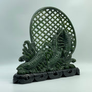 Natural Dark Green Nephrite 3 Prawns in Net with Wooden Display 2,568.0g 280.0 by 95.0 by 270.0mm - Huangs Jadeite and Jewelry Pte Ltd