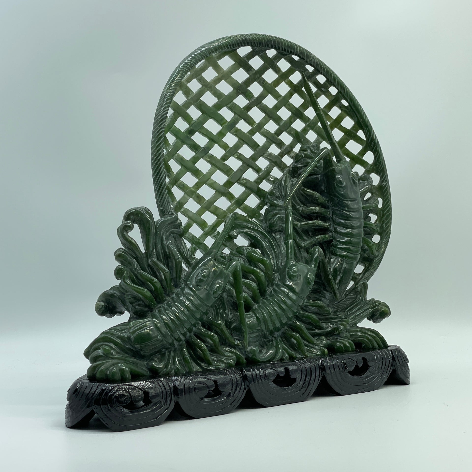 Natural Dark Green Nephrite 3 Prawns in Net with Wooden Display 2,568.0g 280.0 by 95.0 by 270.0mm - Huangs Jadeite and Jewelry Pte Ltd