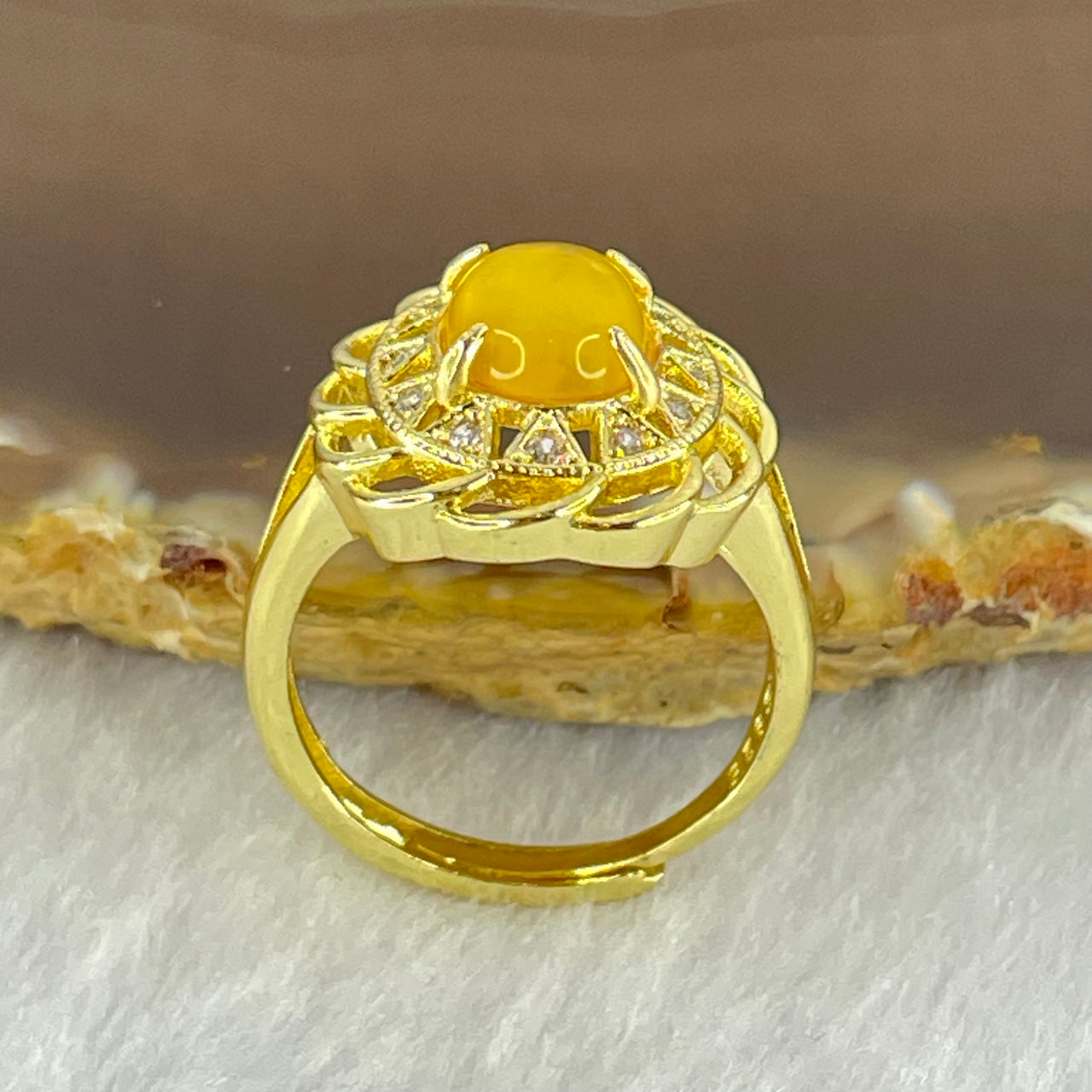 Natural Golden Yellow Butterscotch Amber With Crystals in S925 Sliver Gold Color Ring (Adjustable Size) 3.63g 8.7 by 7.4 by 4.0mm - Huangs Jadeite and Jewelry Pte Ltd