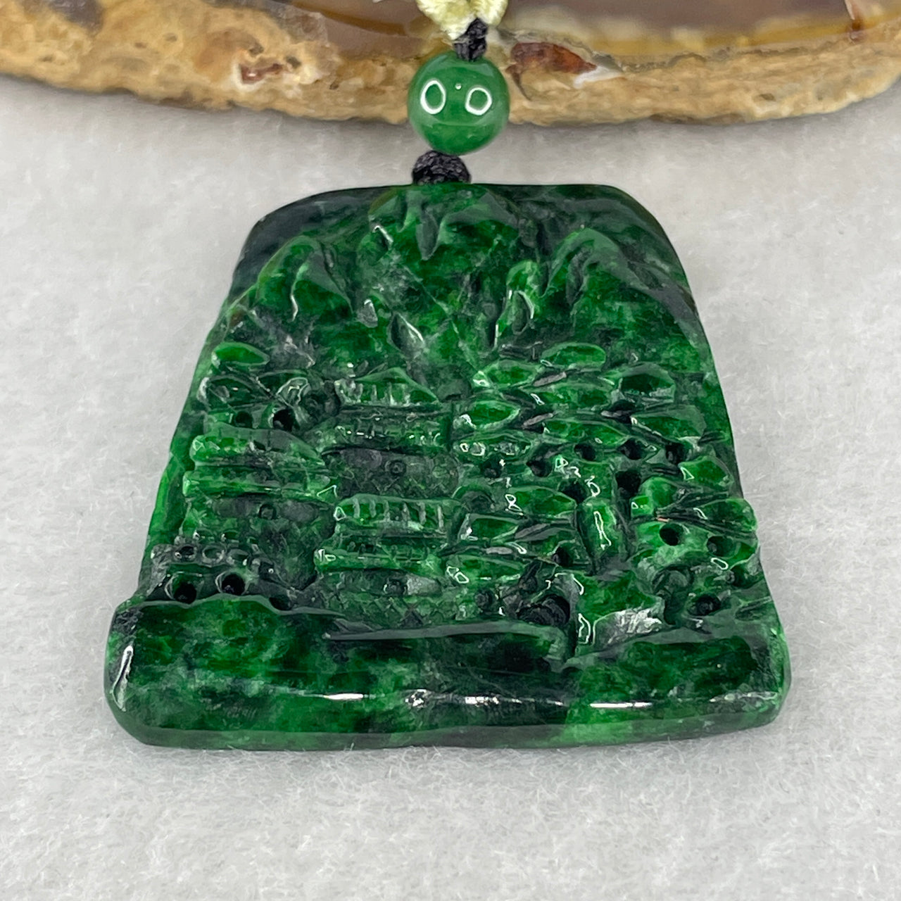 Certified Type A Natural Jadeite 12.21g - 36.7x34.0x4.5mm - Spicy Green Old Mine Shan Shui Pendant - Grade A Untreated Scenic Jadeite Art 36.7x34.0x4.5mm