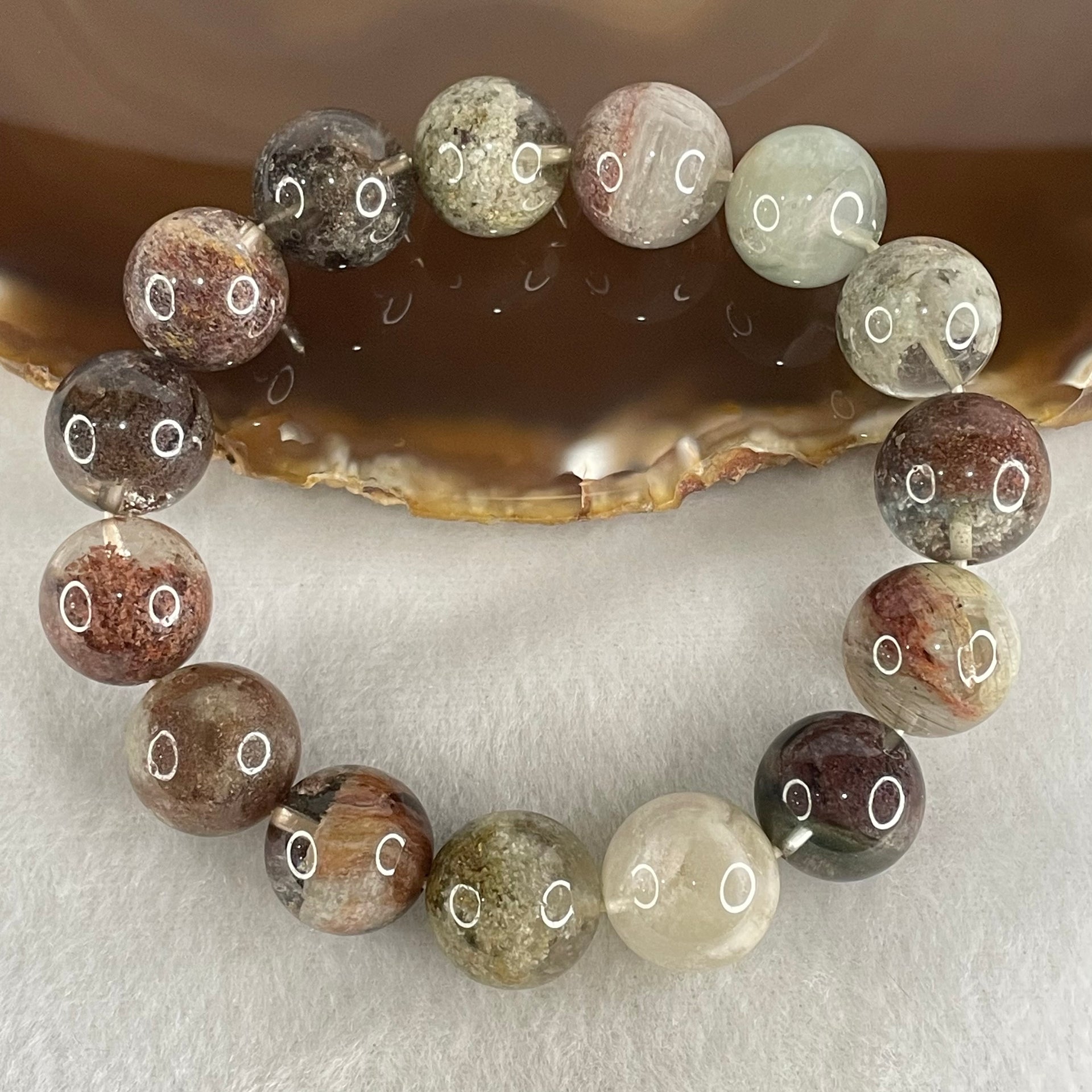 Above Average Grade Natural Red White Green Phantom Quartz Beads Bracelet 60.35g 17cm 14.8mm 15 Beads - Huangs Jadeite and Jewelry Pte Ltd