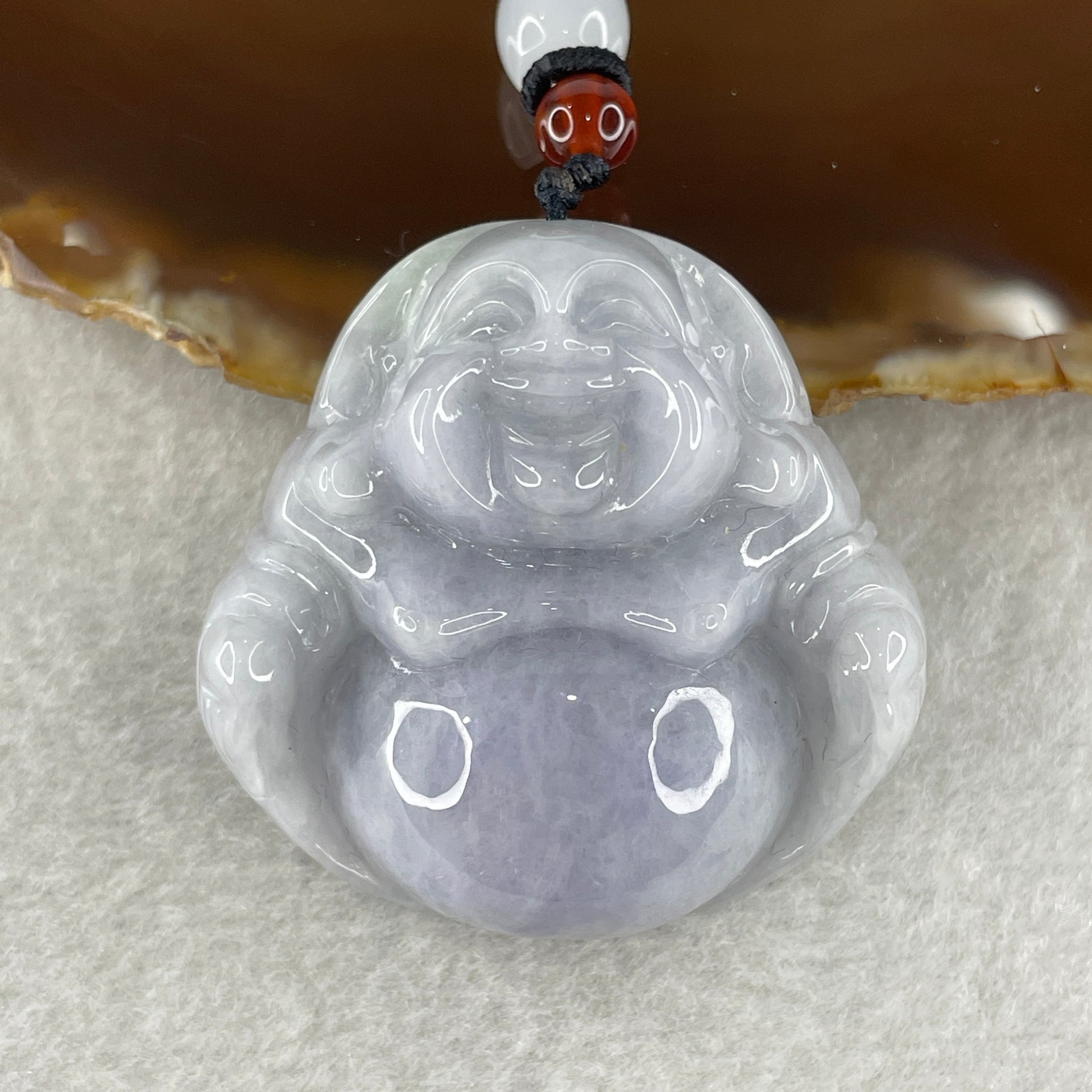 Natural Type A Lavender with Green Spots Jadeite Milo Laughing Buddha Pendant 45.90g 42.3 by 42.9 by 15.8mm - Huangs Jadeite and Jewelry Pte Ltd