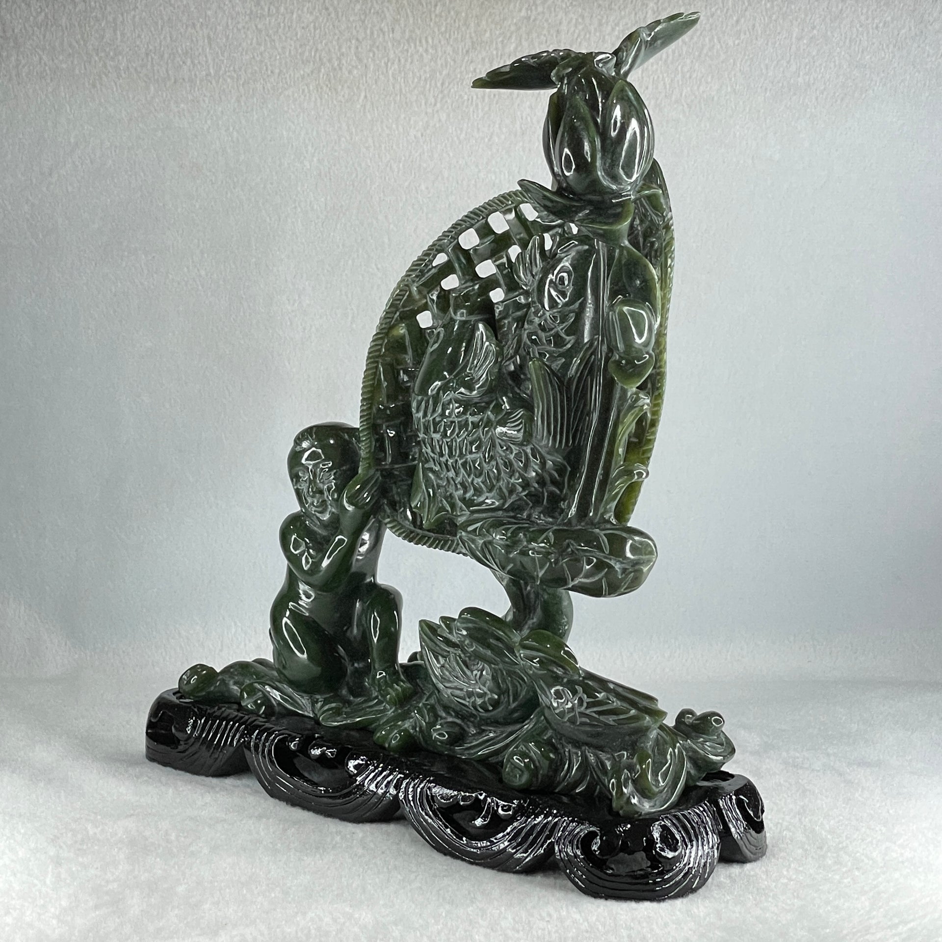 Natural Dark Green Serpentine Double Carp Fish with Gui ren and Lotus and Twin Ducks with Wooden Stand Display 2,032.7g 242.0 by 95.0 by 263.0mm - Huangs Jadeite and Jewelry Pte Ltd