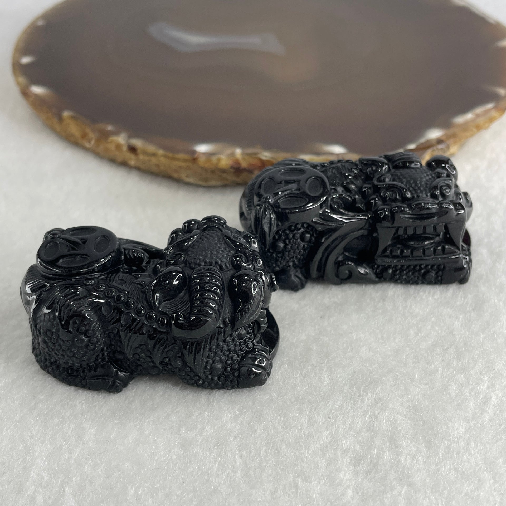 Certified Natural Type A Black Omphacite Jadeite Pixiu pair Pendant Each About 70.55g 52.7 by 29.3 by 22.6mm And 64.17g 49.0 by 27.6 by 23.0mm - Huangs Jadeite and Jewelry Pte Ltd