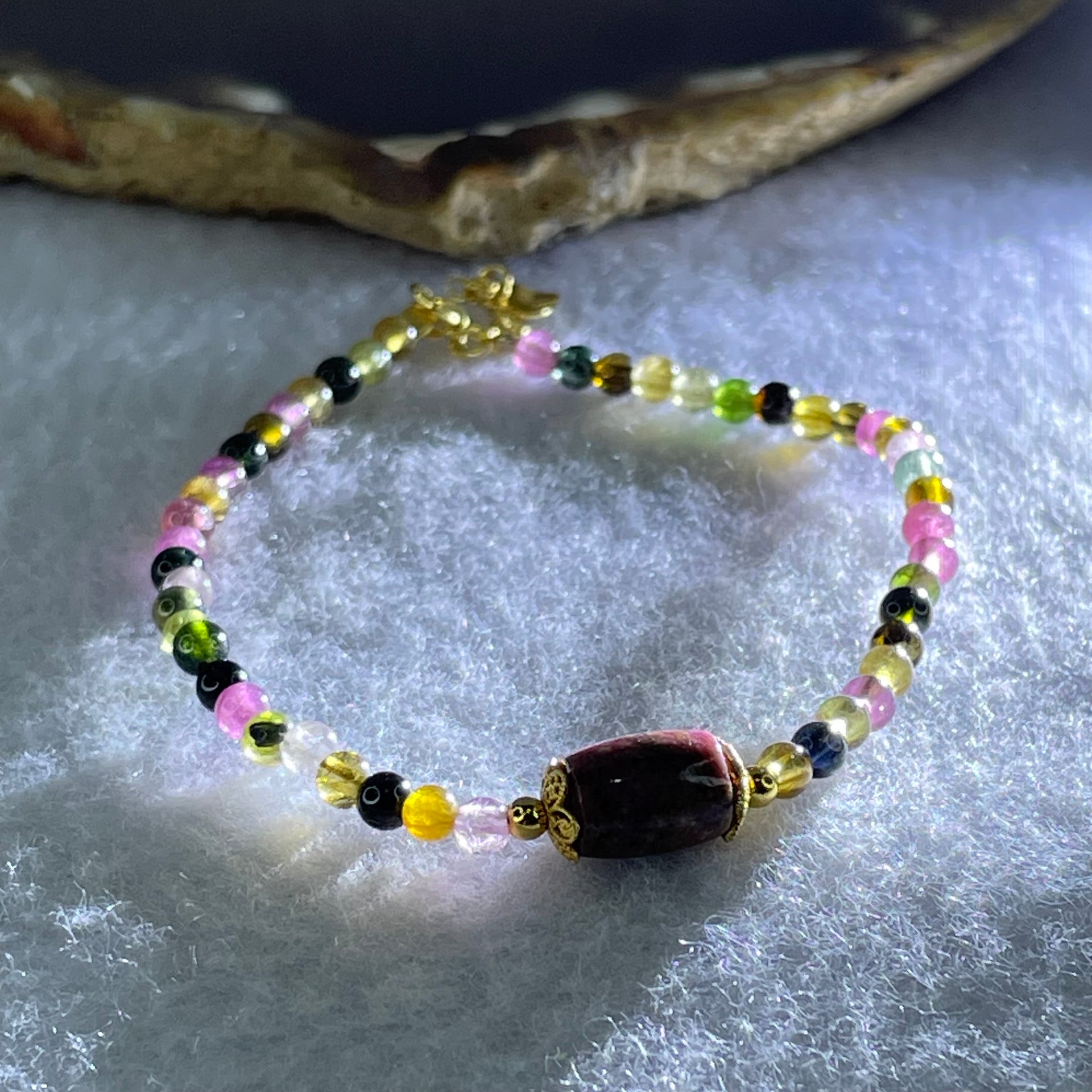 Natural Tourmaline Beads with Melon Charm in S925 Sliver Gold Color Bracelet 4.06g 16cm 9.4 by 6.9mm - Huangs Jadeite and Jewelry Pte Ltd