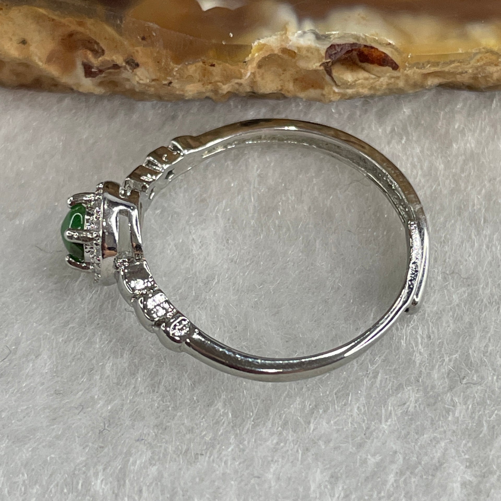 Type A Bright Green Jadeite Ring in S925 Sliver with Cubic Zirconia 1.30g 3.5 by 2.0mm (Adjustable Size) - Huangs Jadeite and Jewelry Pte Ltd