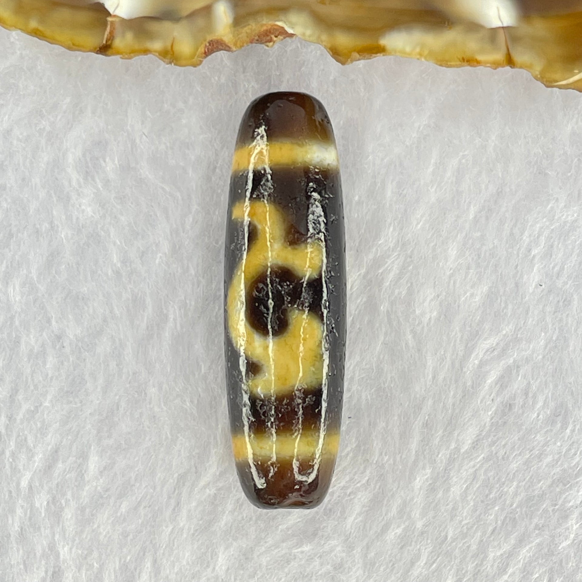 Natural Powerful Tibetan Old Oily Brown Yellowish White Agate Green Tara Dzi Bead Heavenly Master (Tian Zhu) 绿度母天珠 7.47g 38.2 by 11.6mm - Huangs Jadeite and Jewelry Pte Ltd