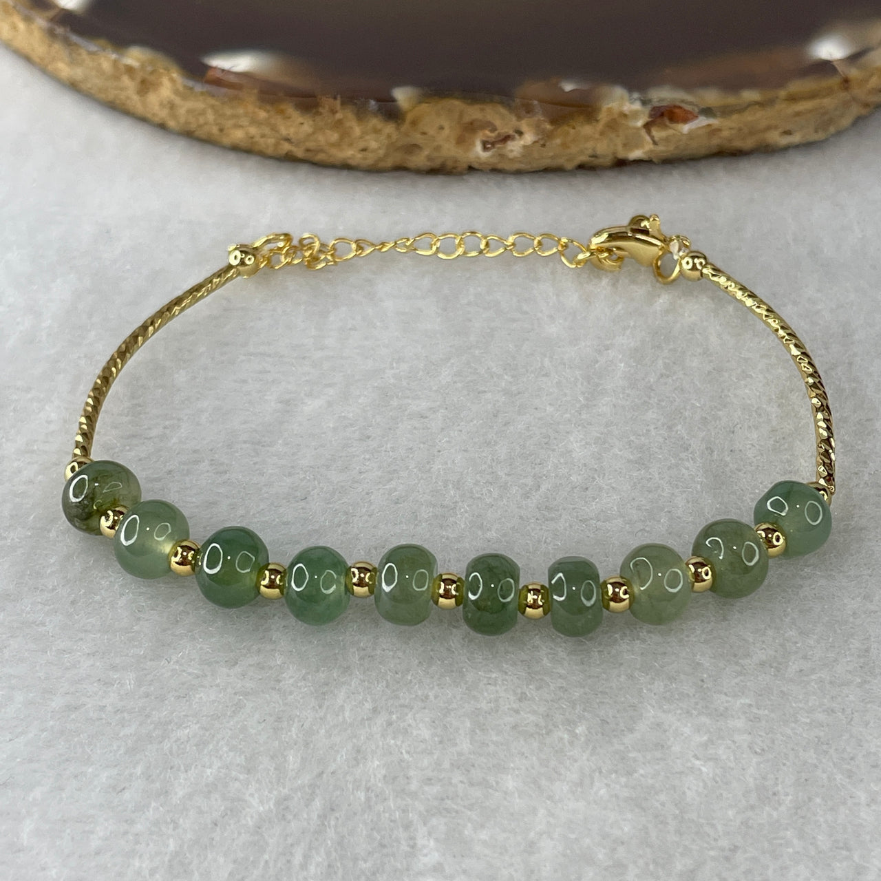 Natural Type A Semi-Icy Blueish Green Jadeite Donut Bracelet | Gold Color 10-Bead Adjustable Safety Coin Charm Bracelet (5.82g 13-17cm 6.5mm)