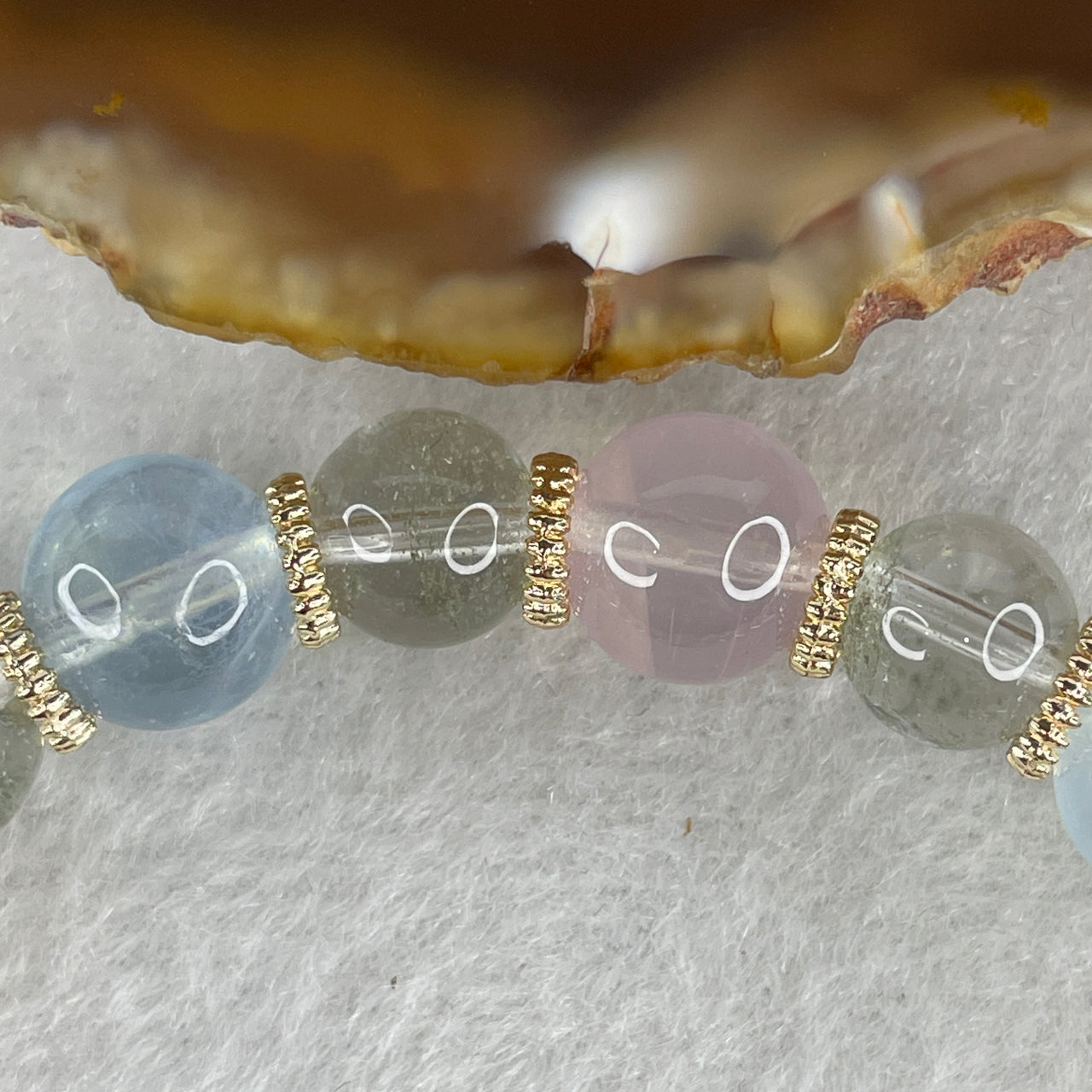 Natural Clear Quartz, Rose Quartz & Aquamarine Beads Bracelet | 14cm Tailored Strand | 19-Piece Graded Pastel "Ocean Cloud" Trio with Gold Charm Accents (21.05g, 8.0-9.4mm)