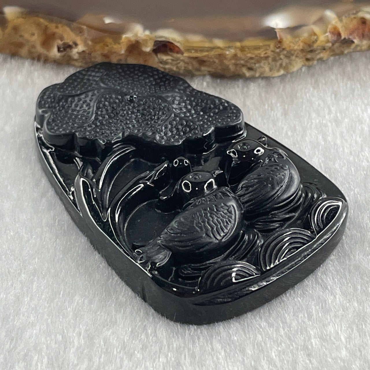 Type A Opaque to Partial Translucent Black Omphacite Jadeite Mandarin Ducks Pair and Lotus Leaf Pendant 20.70g 51.7 by 33.7 by 8.6mm - Huangs Jadeite and Jewelry Pte Ltd
