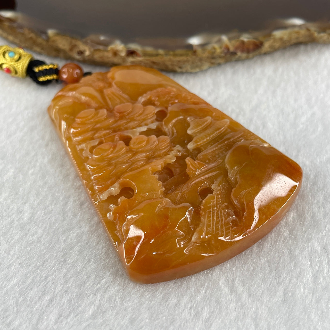 Natural Type A Red Jadeite Shan Shui Scenic with Gui Ren Benefactor Pendant 72.10g 68.1 by 47.5 by 9.6mm (Burned)