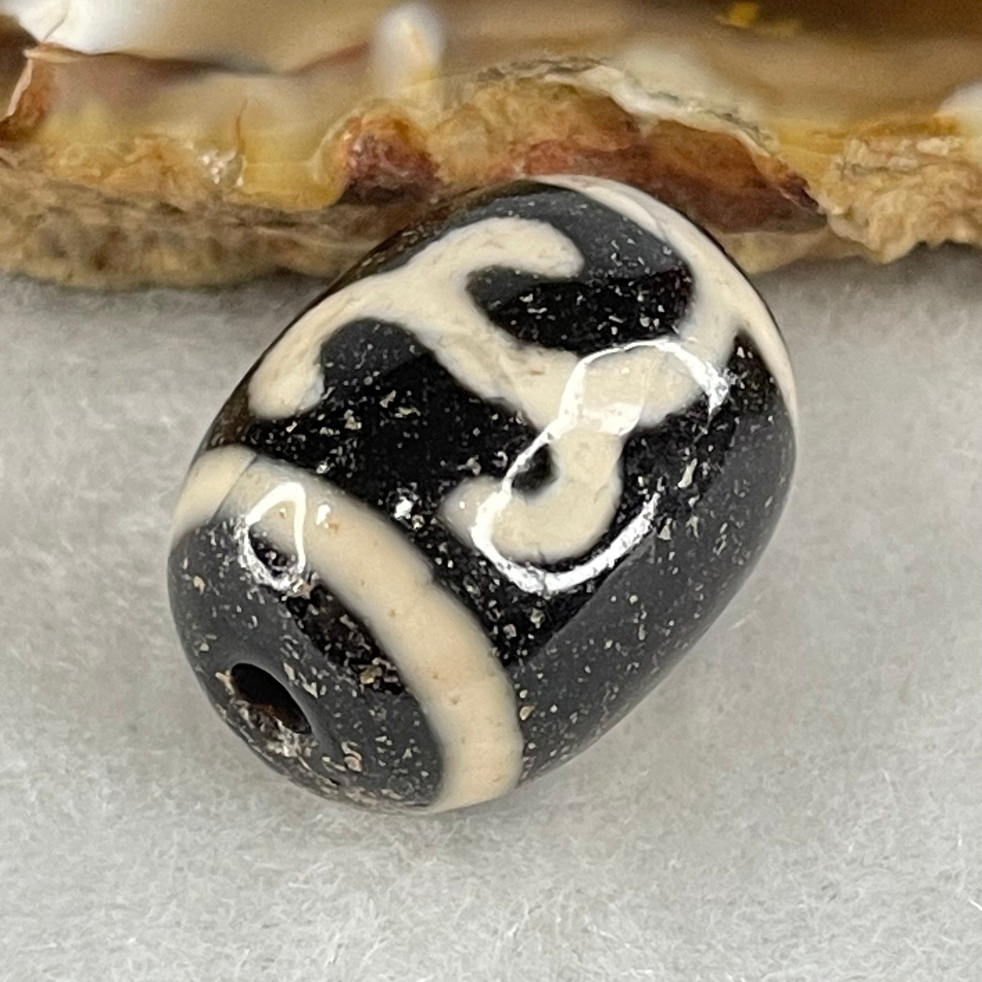 Natural Powerful Tibetan Old Oily Black White Agate Green Tara Dzi Bead Heavenly Master (Tian Zhu) 绿度母天珠 4.56g 17.3 by 13.1mm - Huangs Jadeite and Jewelry Pte Ltd