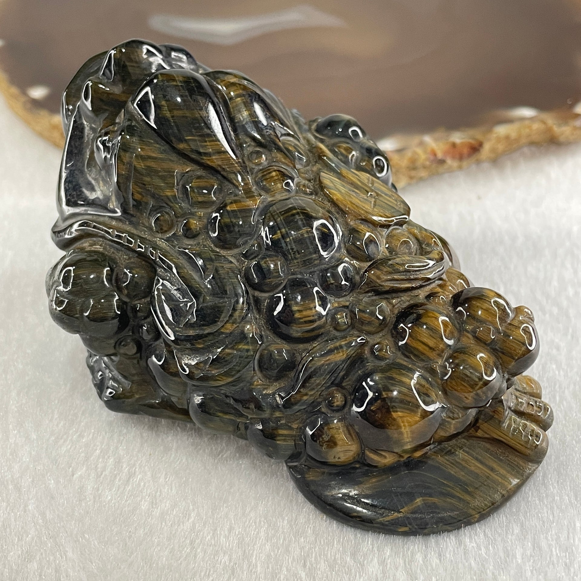 Natural Yellow Tiger's Eye Quartz 3 Legged Toad with Ancient Coin with Wooden Stand Display 412.4g 108.5 by 83.0 by 94.5mm - Huangs Jadeite and Jewelry Pte Ltd