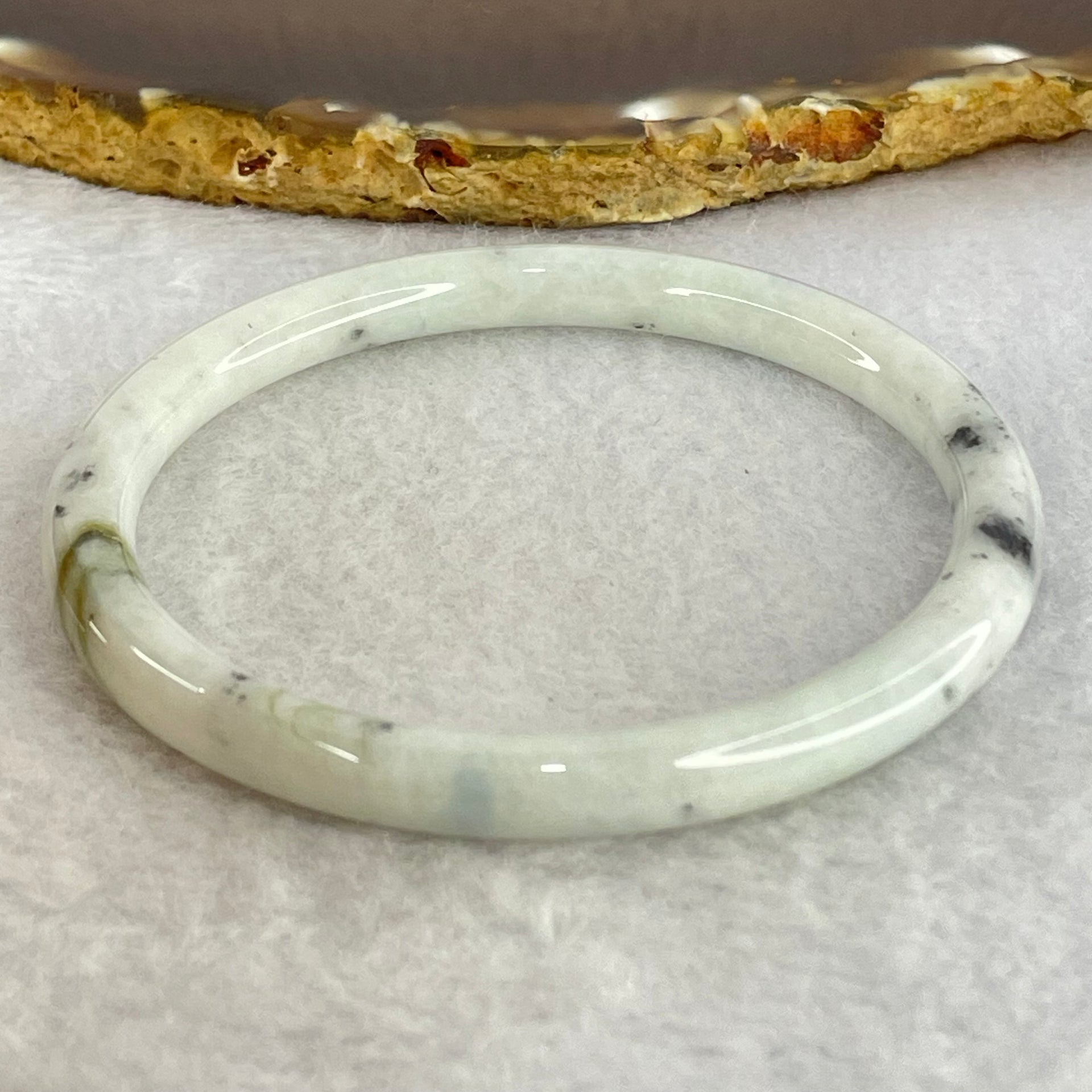 Type A Faint Lavender with Moss Green and Grey Patches Jadeite Bangle Internal Diameter 59.7mm 23.90g 6.8 by 6.8mm (External Lines) - Huangs Jadeite and Jewelry Pte Ltd