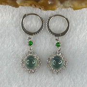 Type A icy Blueish Green Jadeite Cabochons With Crystals in S925 Sliver Earrings 4.51g 7.7 by 6.7 by 3.5mm - Huangs Jadeite and Jewelry Pte Ltd