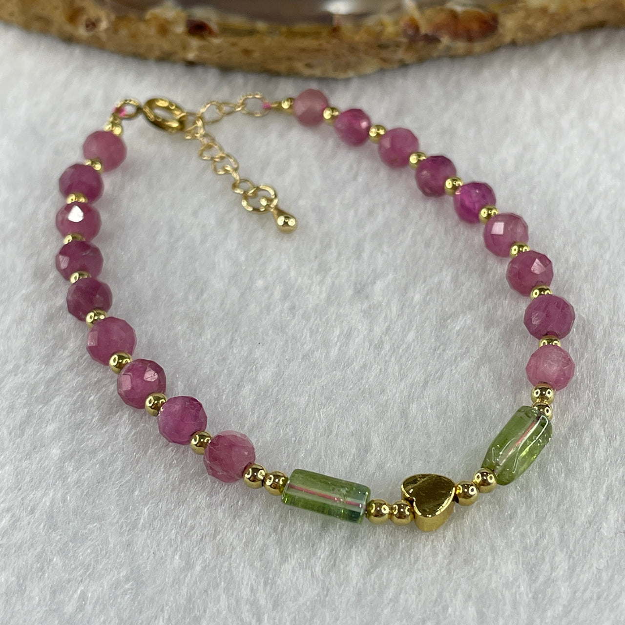 Natural Watermelon Tourmaline Crystal Beads with Charm Bracelet 5.23g 16.5cm 5.2mm 18Beads