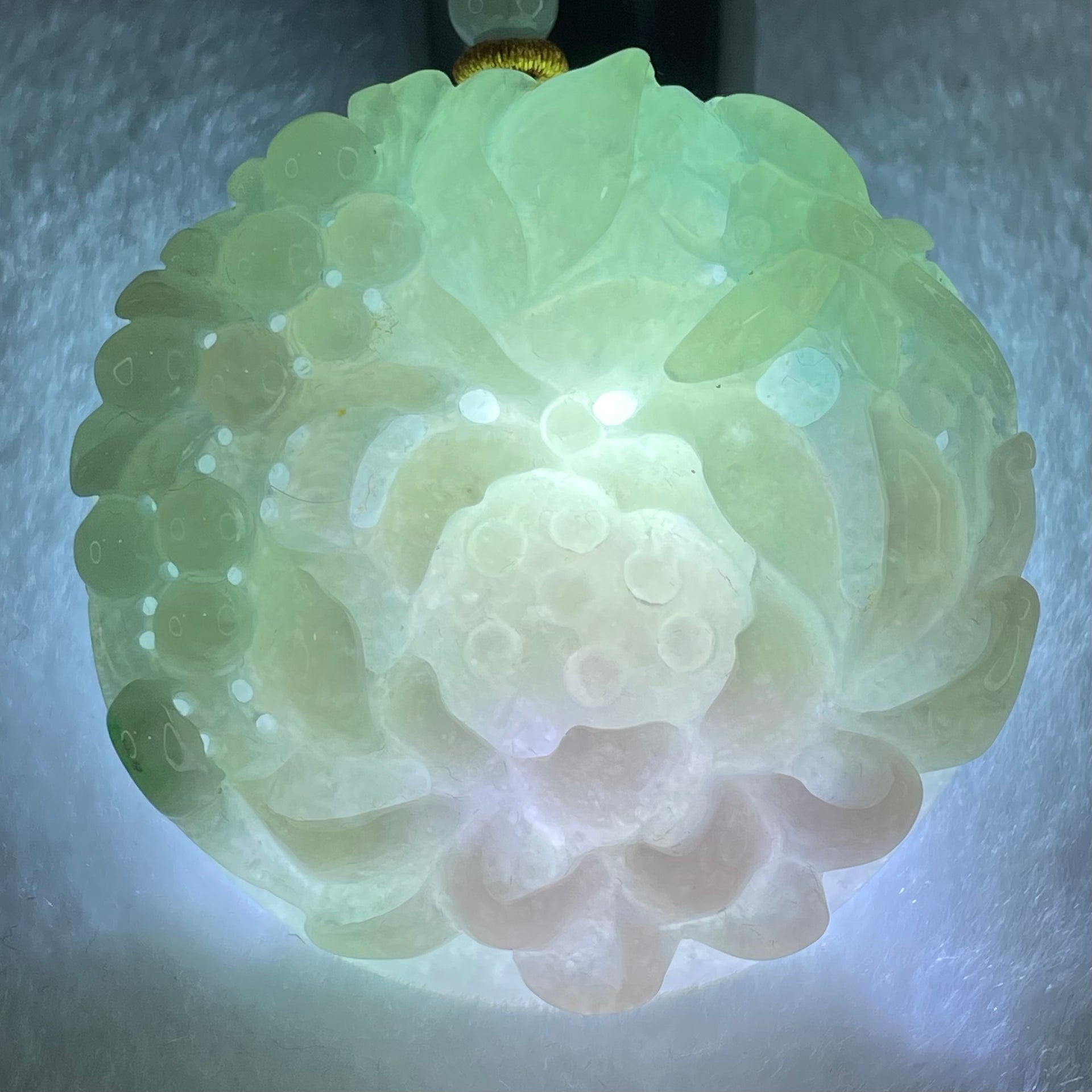 Grandmaster Type A Blueish Green and Lavender Jadeite Insect And Flower Pendant 和和美美 79.16g 58.1 by 58.1 by 13.5mm - Huangs Jadeite and Jewelry Pte Ltd