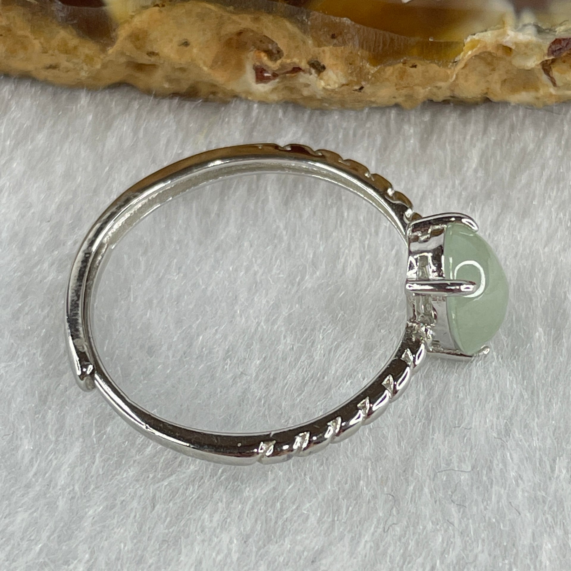 Natural Type A Semi Icy Faint Green Jadeite Oval Shape Cabouchon in S925 Silver Ring (Adjustable Size) 1.47g 7.4 by 6.5 by 4.5mm - Huangs Jadeite and Jewelry Pte Ltd