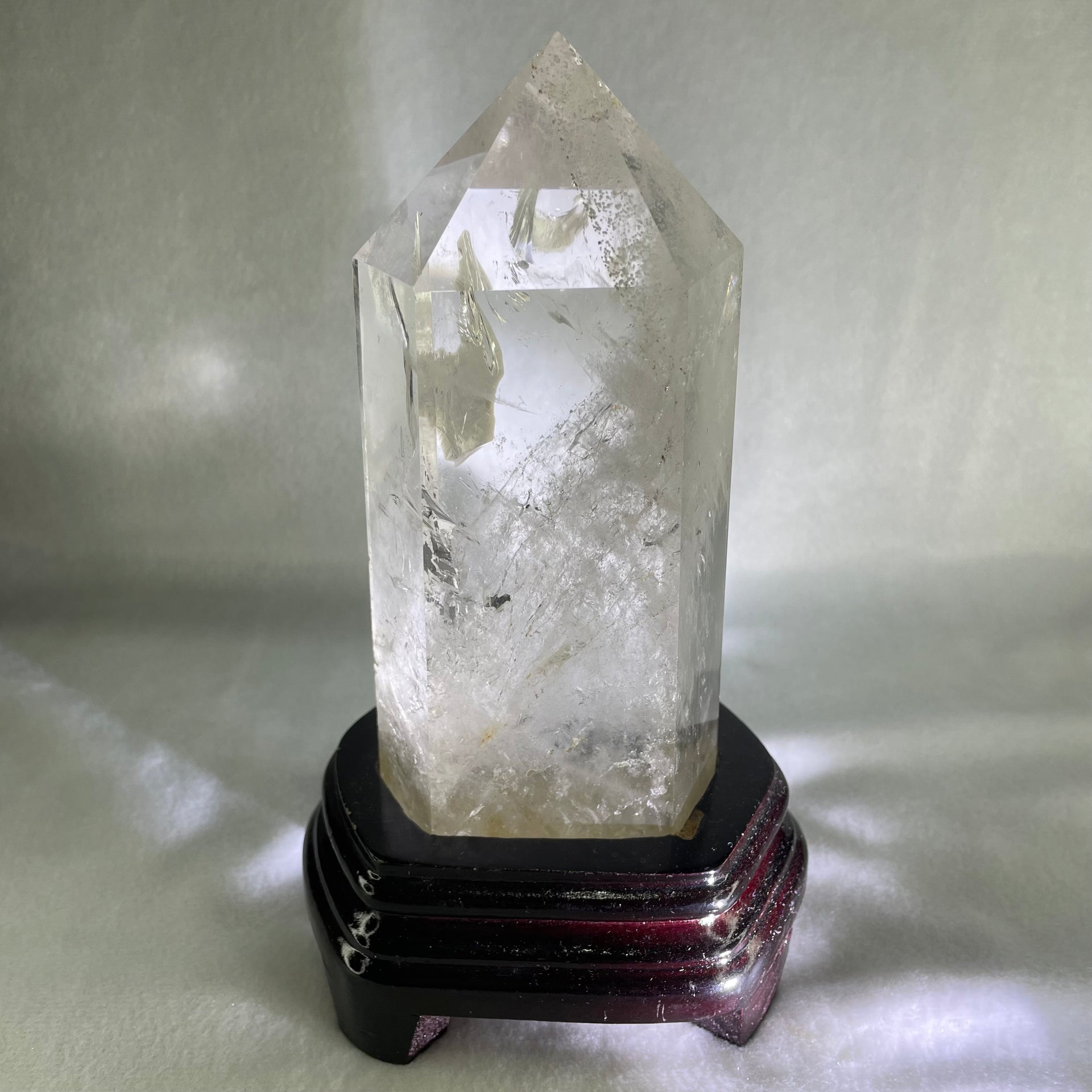 Natural Clear Quartz Tower with Wooden Stand Display 1188.6g 118.0 by 886 by 185.0mm - Huangs Jadeite and Jewelry Pte Ltd
