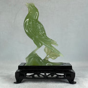 Natural Green Serpentine Javan Mynah Birds on Tree with Wooden Stand Display 353.6g 122.0 by 174.0 by 63.5mm - Huangs Jadeite and Jewelry Pte Ltd
