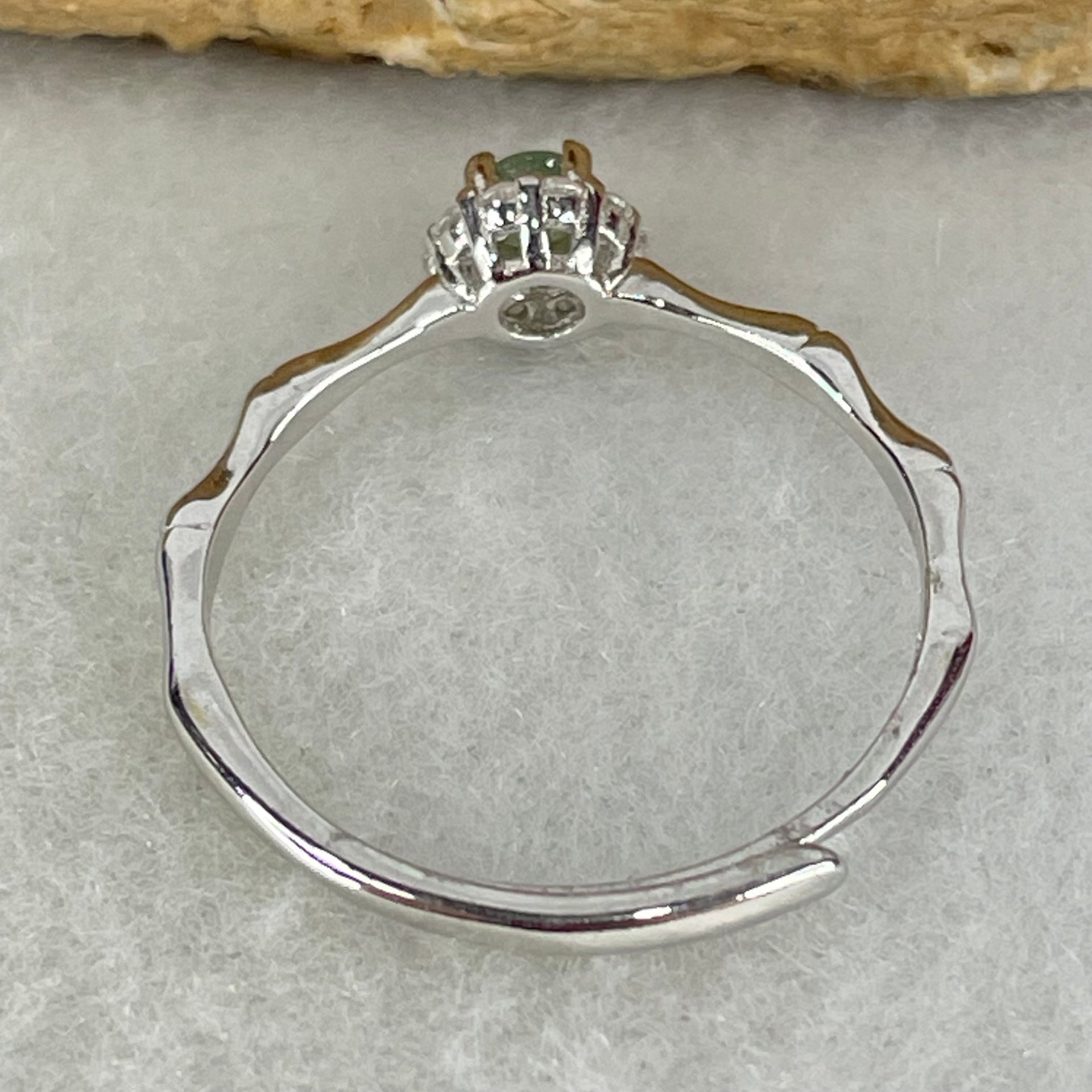 Type A Semi Icy Green Cabochon Jadeite in S925 Sliver Bamboo Ring (Adjustable Size) 0.97g 3.7 by 2.8mm - Huangs Jadeite and Jewelry Pte Ltd