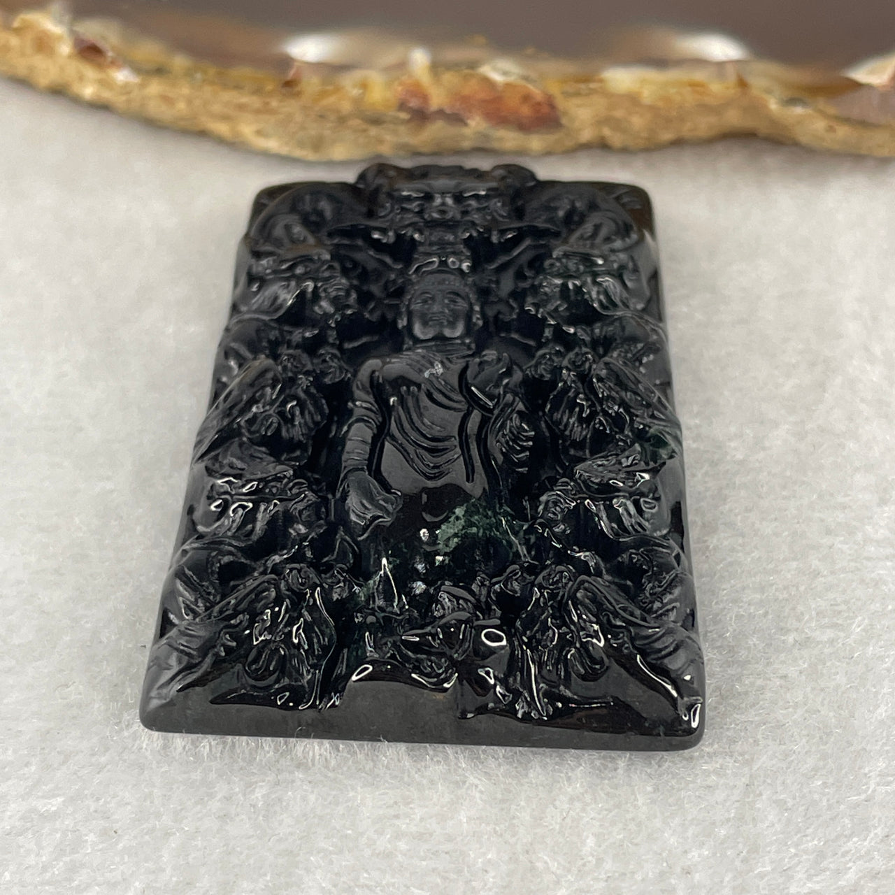 Wealth, Safety Blessing - Certified Natural Type A Black Omphacite Jadeite Amitabha Buddha with 9 Dragons Pendant 24.30g 56.6 by 35.1 by 8.2mm